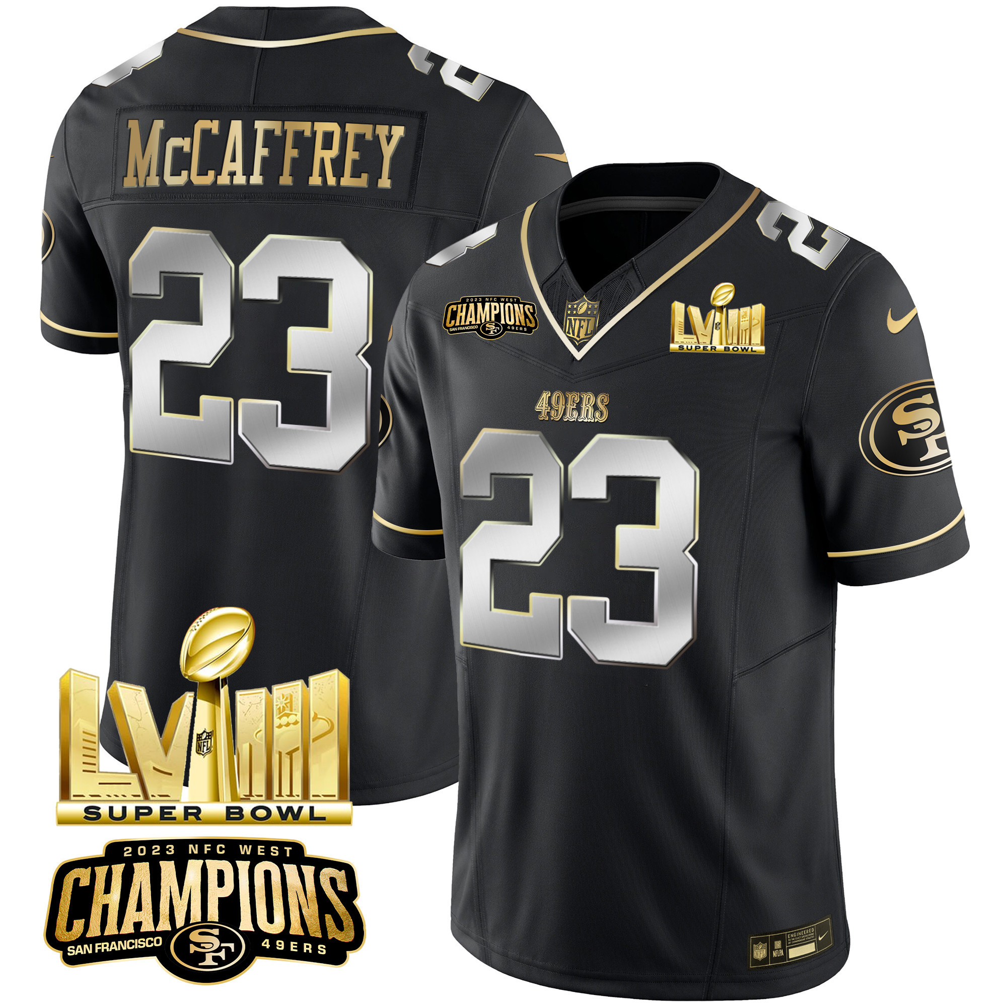 Men's Christian McCaffrey San Francisco 49ers NFC West Champions & Super Bowl LVIII Gold Patch Vapor Black Limited Jersey - All Stitched