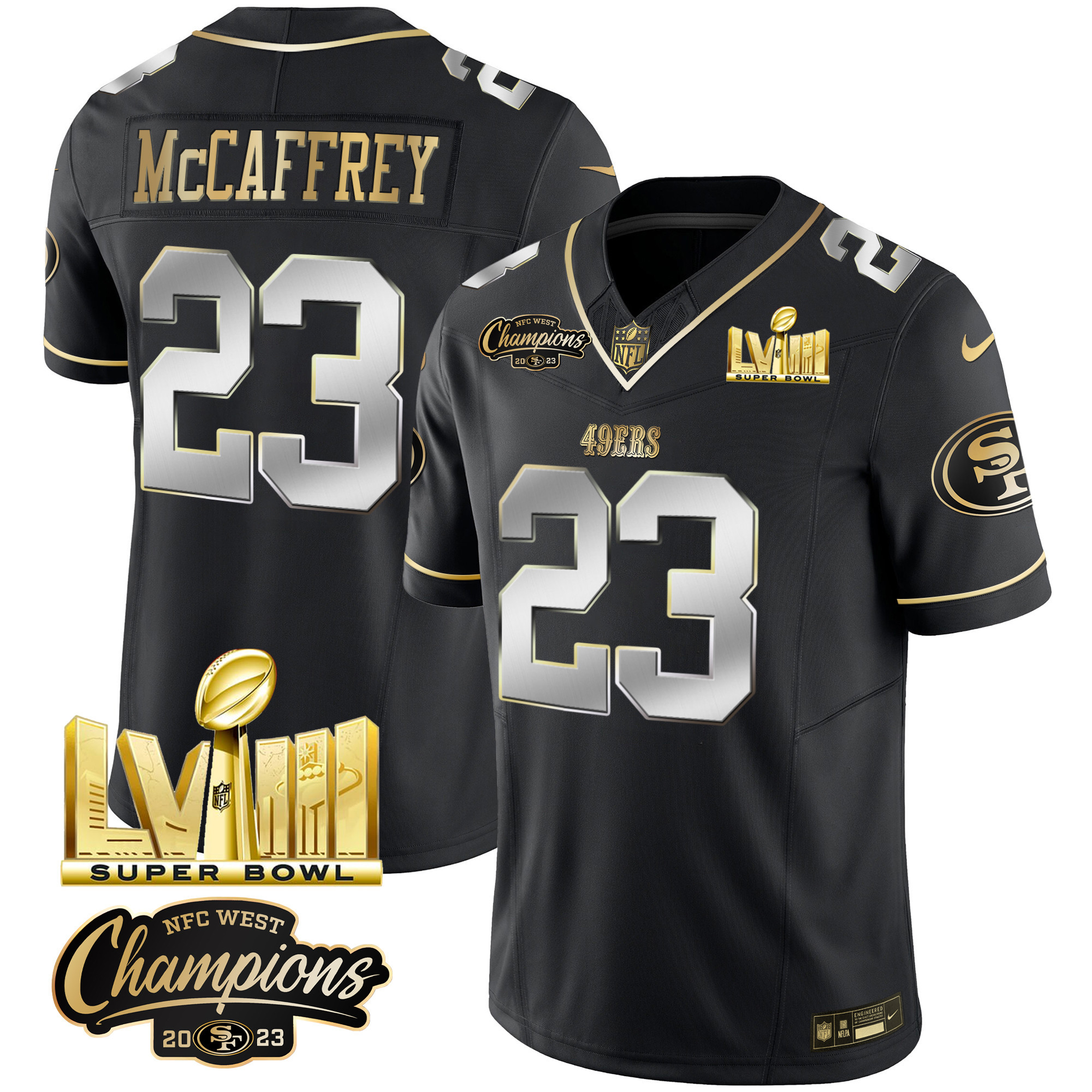 Men's Christian McCaffrey San Francisco 49ers NFC West Champions & Super Bowl LVIII Gold Patch Vapor Black Limited Jersey V2 - All Stitched