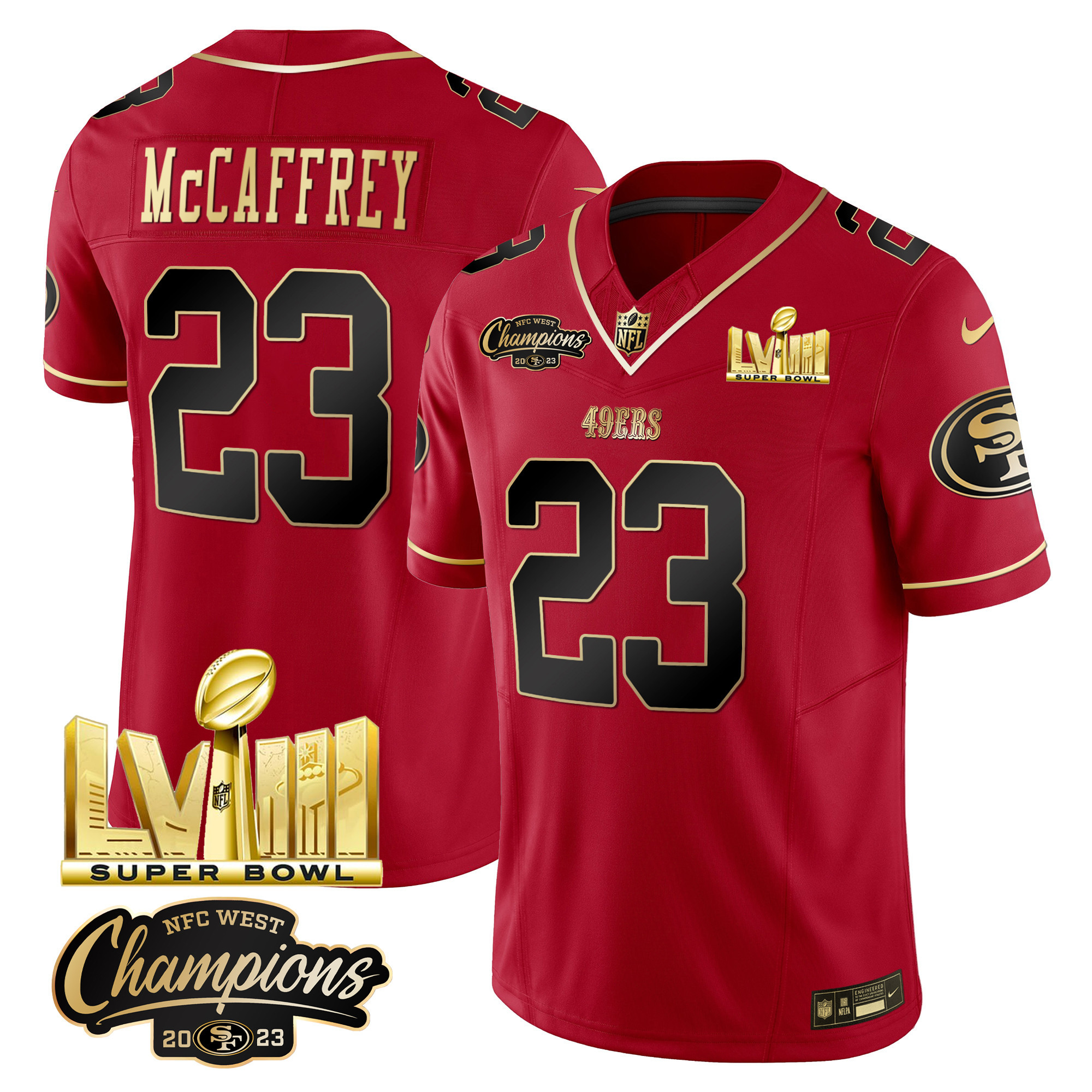 Men's Christian McCaffrey San Francisco 49ers NFC West Champions & Super Bowl LVIII Gold Patch Vapor Scarlet Limited Jersey V2 - All Stitched