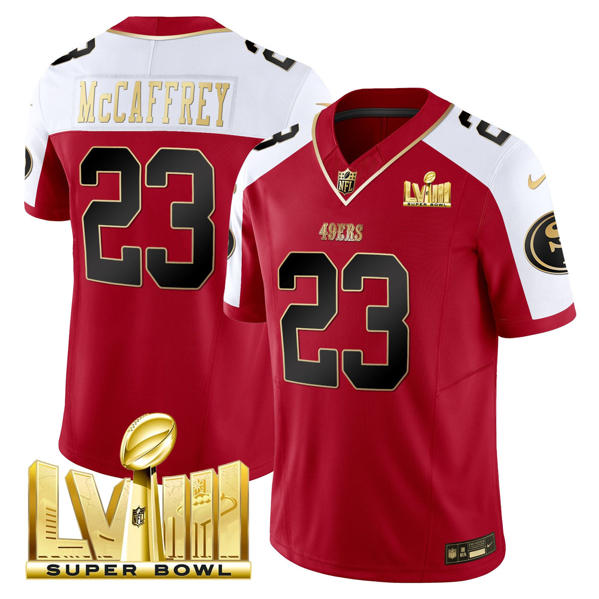 Men's Christian McCaffrey San Francisco 49ers Super Bowl LVIII Gold Patch Vapor Alternate Jersey - All Stitched
