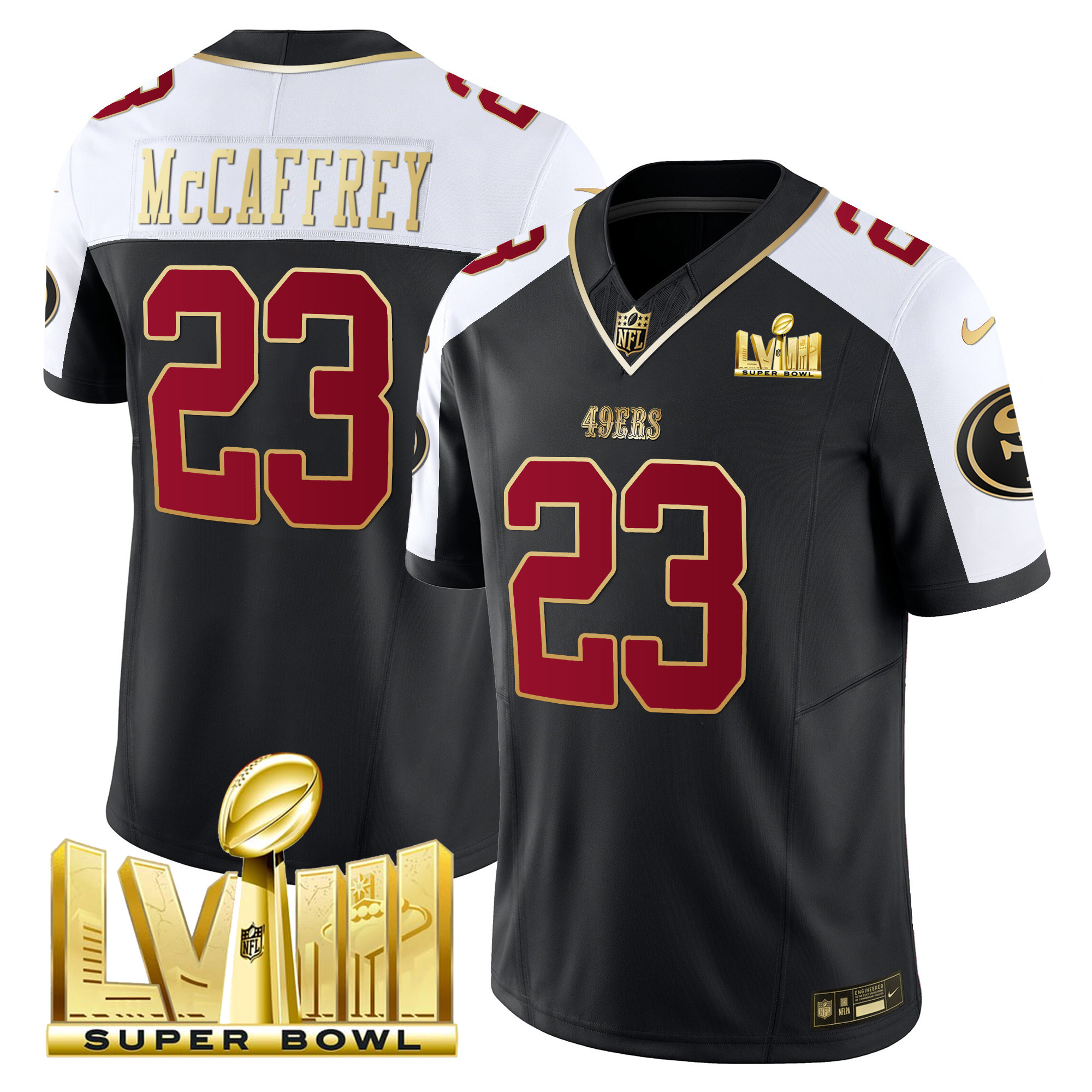 Men's Christian McCaffrey San Francisco 49ers Super Bowl LVIII Gold Patch Vapor Black Alternate Jersey - All Stitched