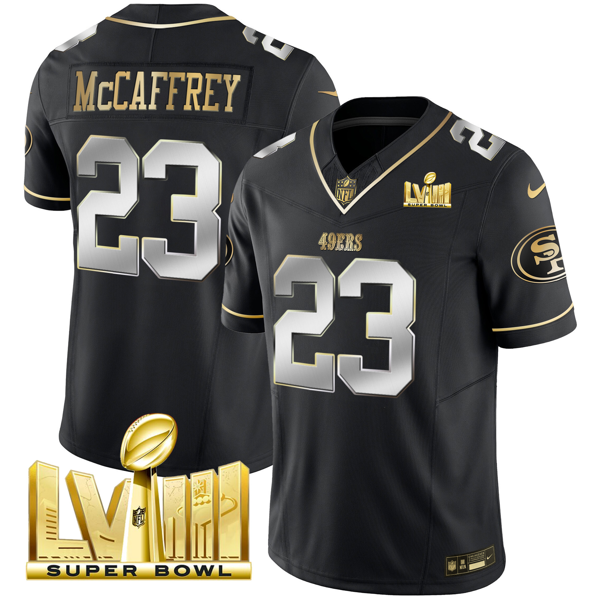 Men's Christian McCaffrey San Francisco 49ers Super Bowl LVIII Gold Patch Vapor Black Limited Jersey - All Stitched