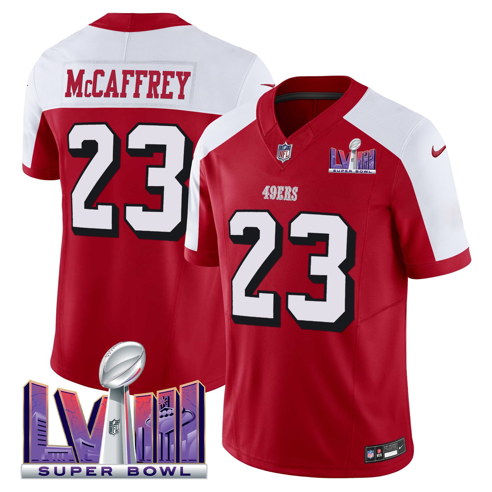 Men's Christian Mccaffrey San Francisco 49ers Super Bowl LVIII Patch Vapor Limited Alternate Jersey V2 - All Stitched
