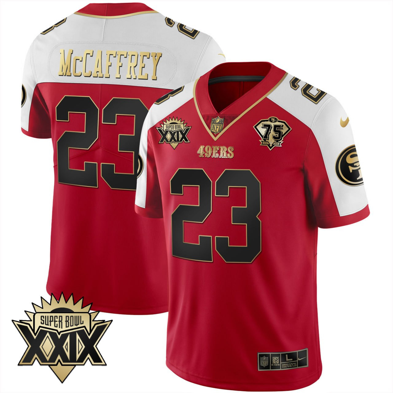Men's Christian McCaffrey San Francisco 49ers Super Bowl XXIX Patch Black Red Gold Red Alternate Jersey - All Stitched