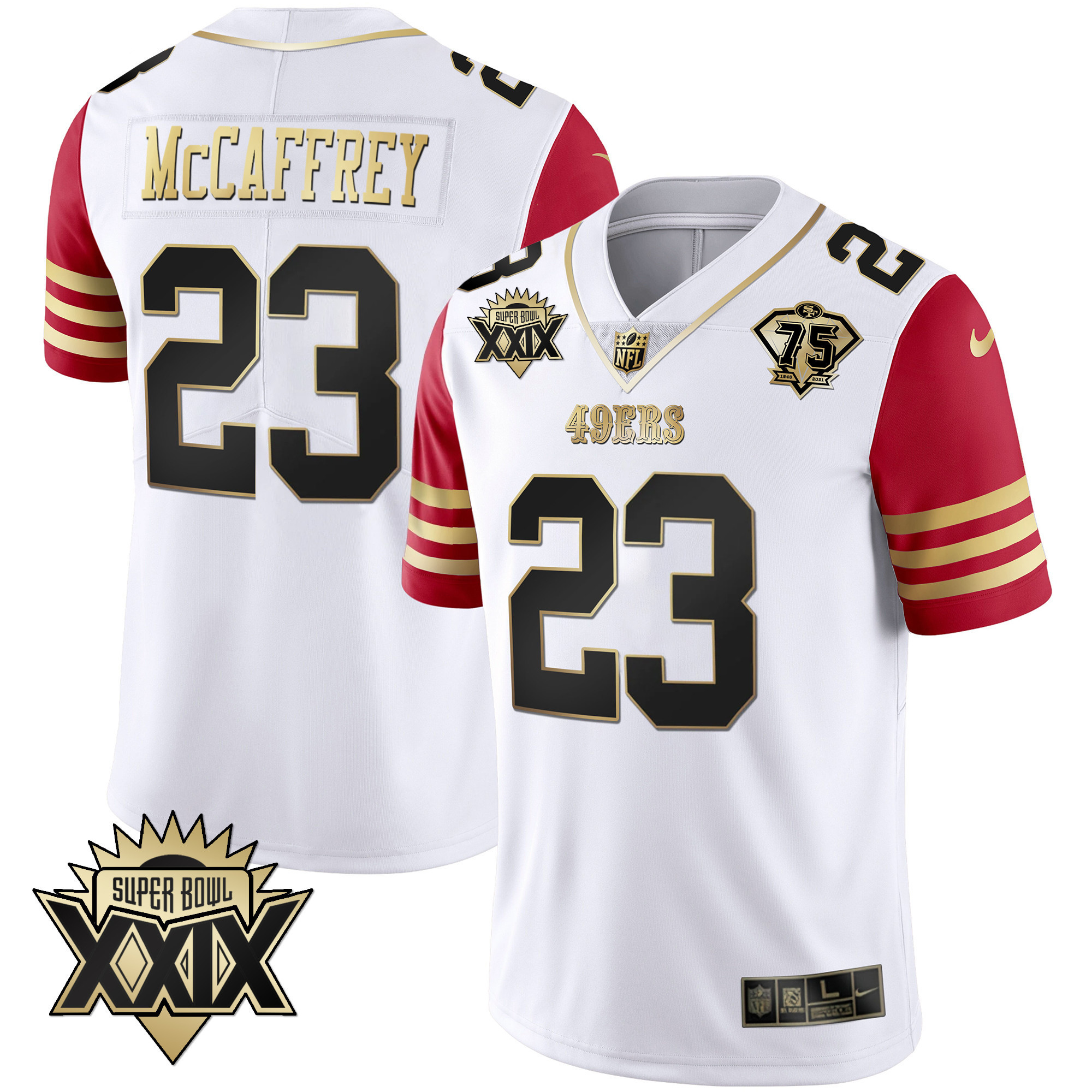 Men's Christian McCaffrey San Francisco 49ers Super Bowl XXIX Patch Black Red Gold Red Sleeve Jersey - All Stitched