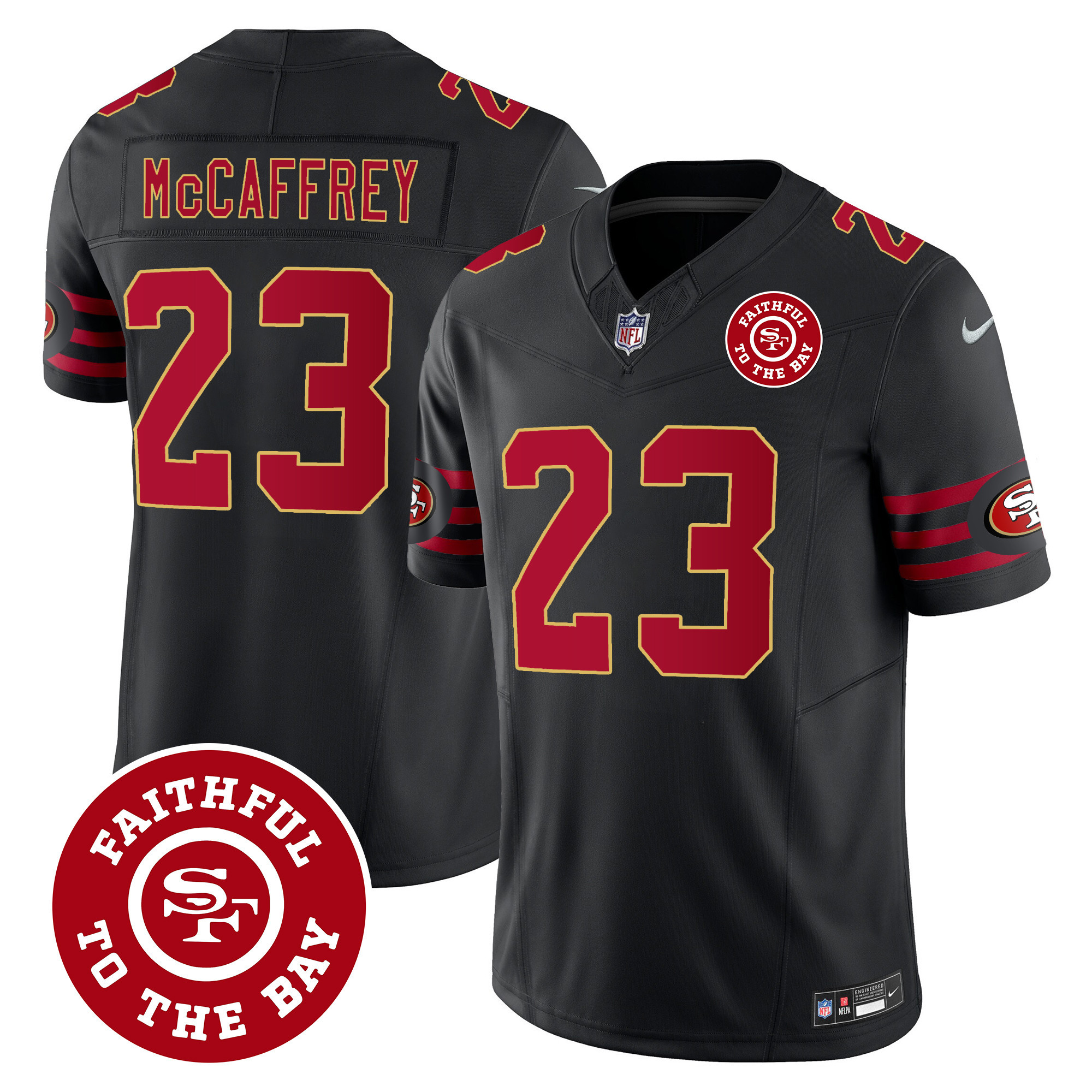 Men's Christian McCaffrey San Francisco 49ers Throwback Faithful To The Bay Patch Vapor Limited Black Jersey - All Stitched