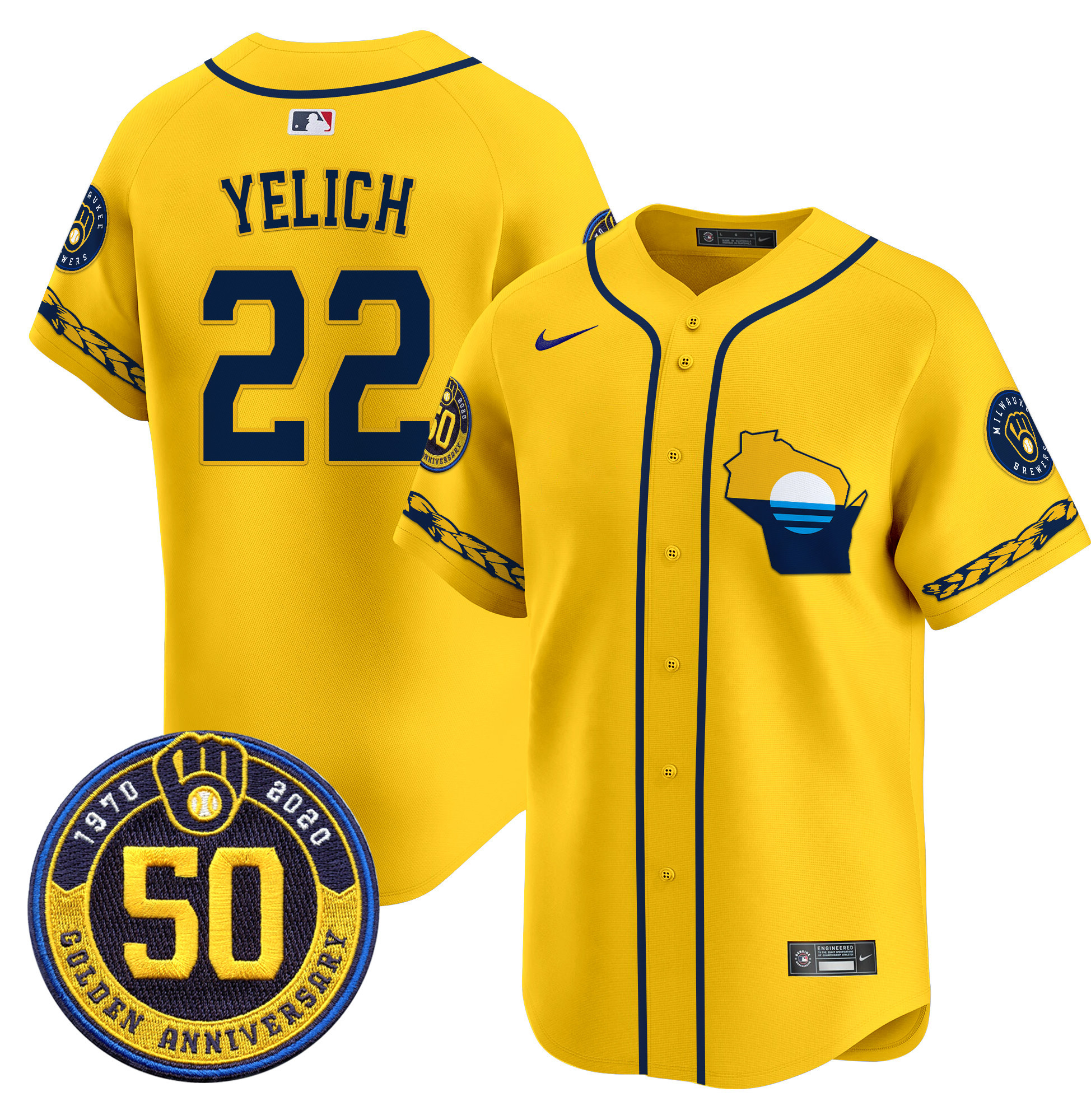 Men's Christian Yelich Milwaukee Brewers Golden 50th Anniversary Patch Vapor Premier Limited Gold Jersey - All Stitched