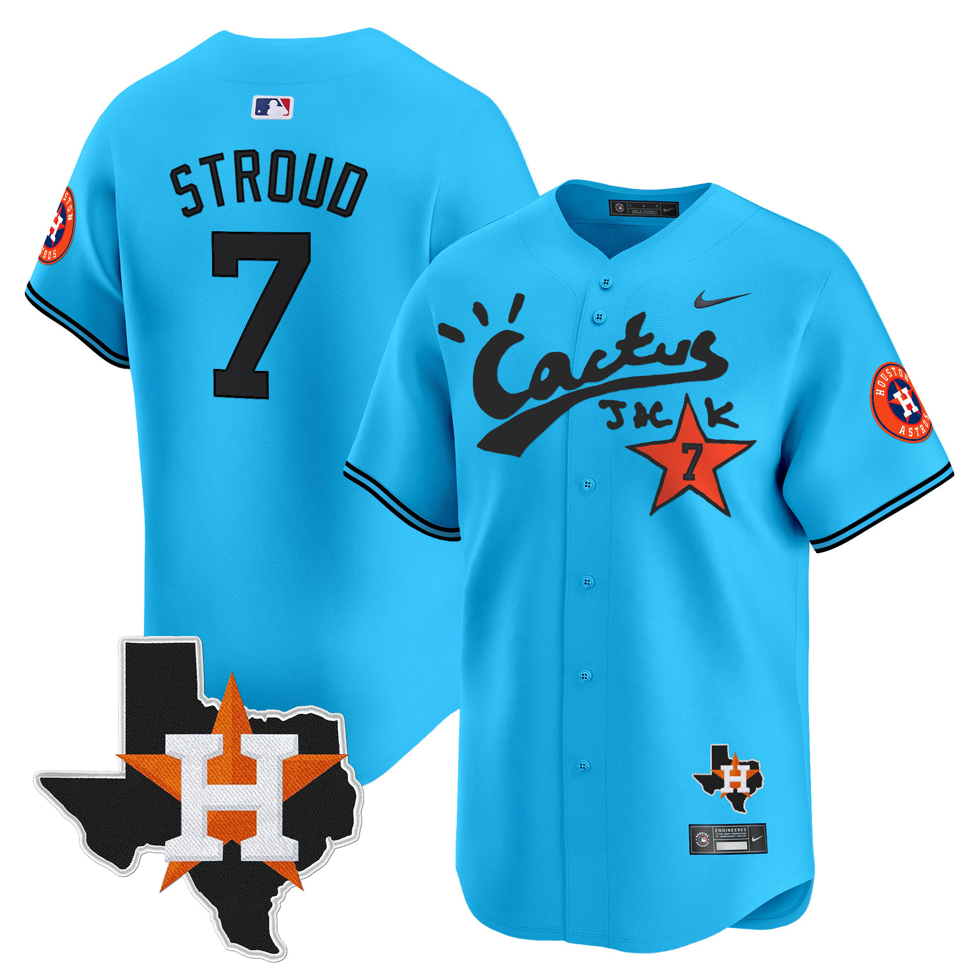 Men's CJ Stroud Houston Astros Cactus Jack Patch Vapor Premier Limited Light Blue Jersey V11 - Stitched