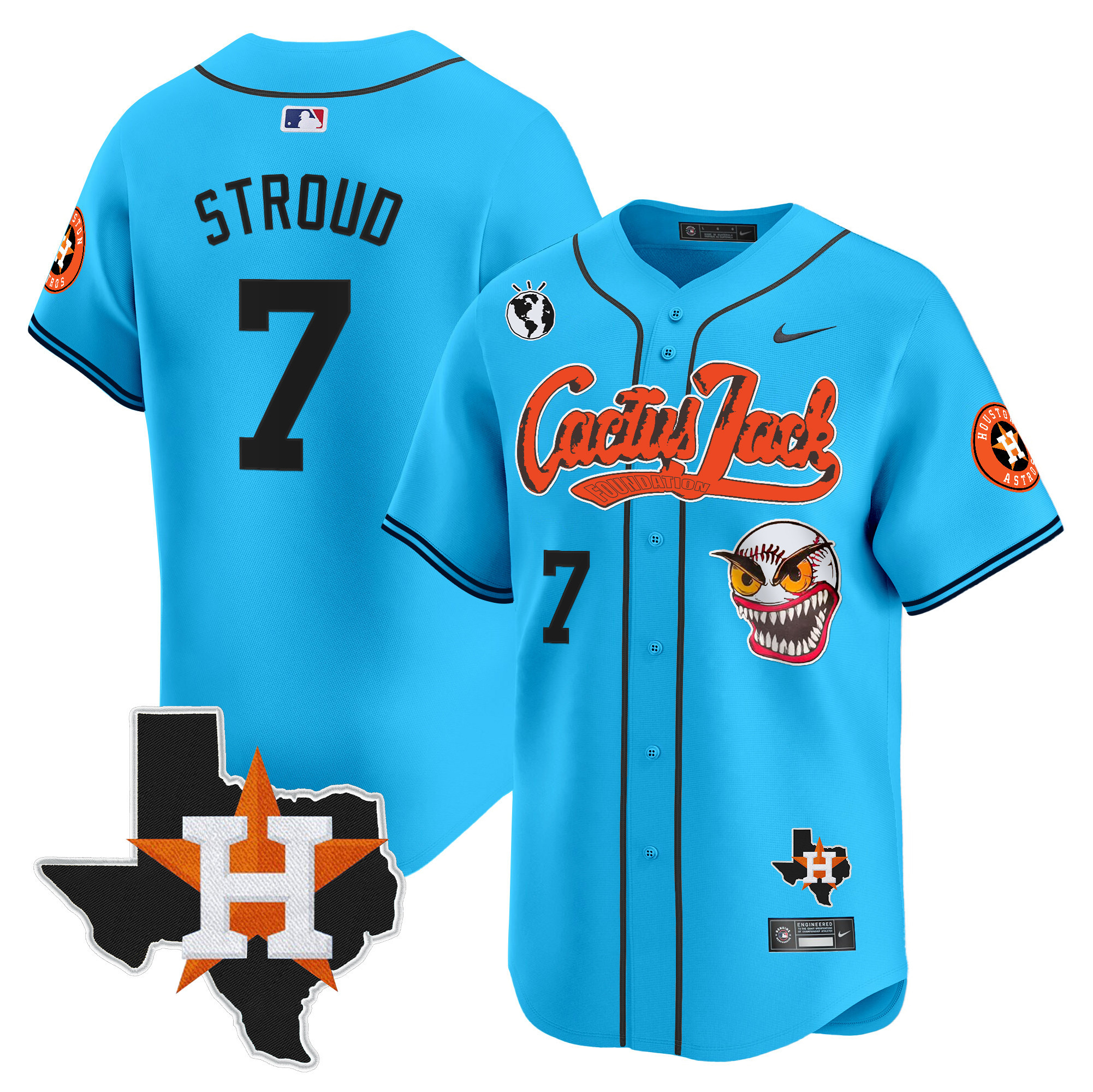 Men's CJ Stroud Houston Astros Cactus Jack Patch Vapor Premier Limited Light Blue Jersey V12 - Stitched