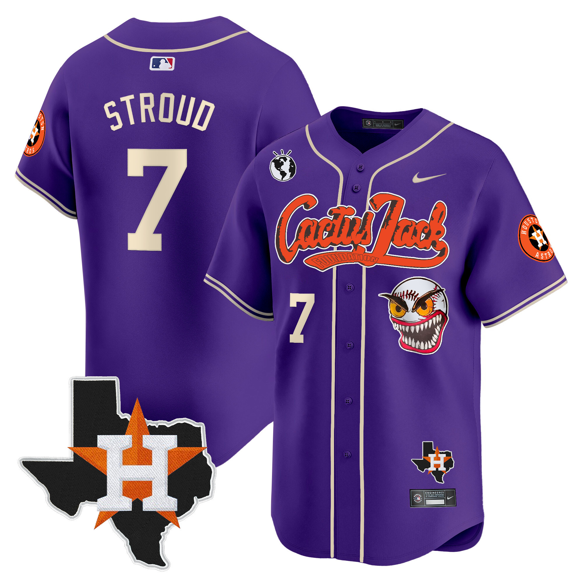 Men's CJ Stroud Houston Astros Cactus Jack Patch Vapor Premier Limited Purple Jersey V12 - Stitched