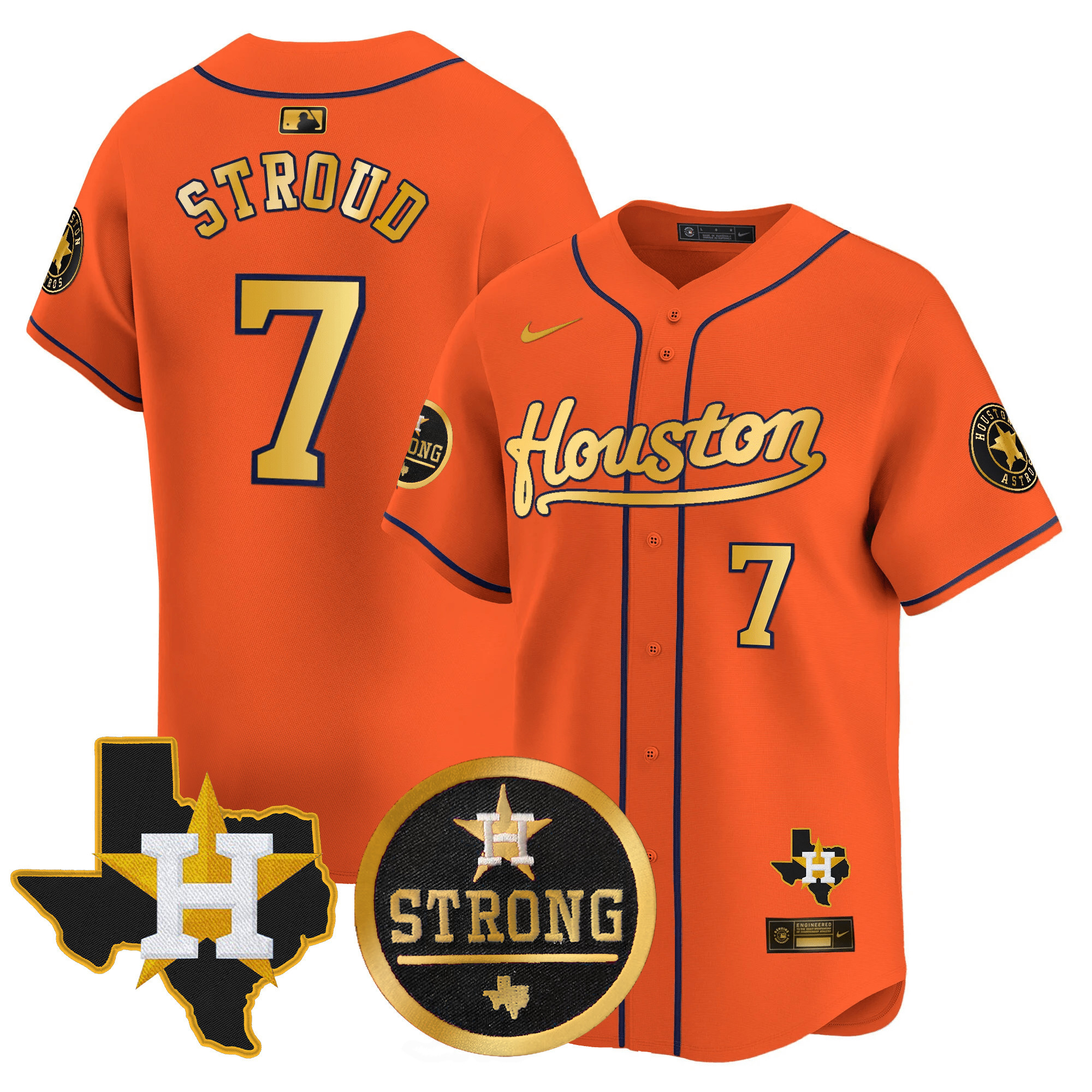 Men's CJ Stroud Houston Astros "Houston Strong" Patch Vapor Premier Limited Orange Gold Jersey - All Stitched