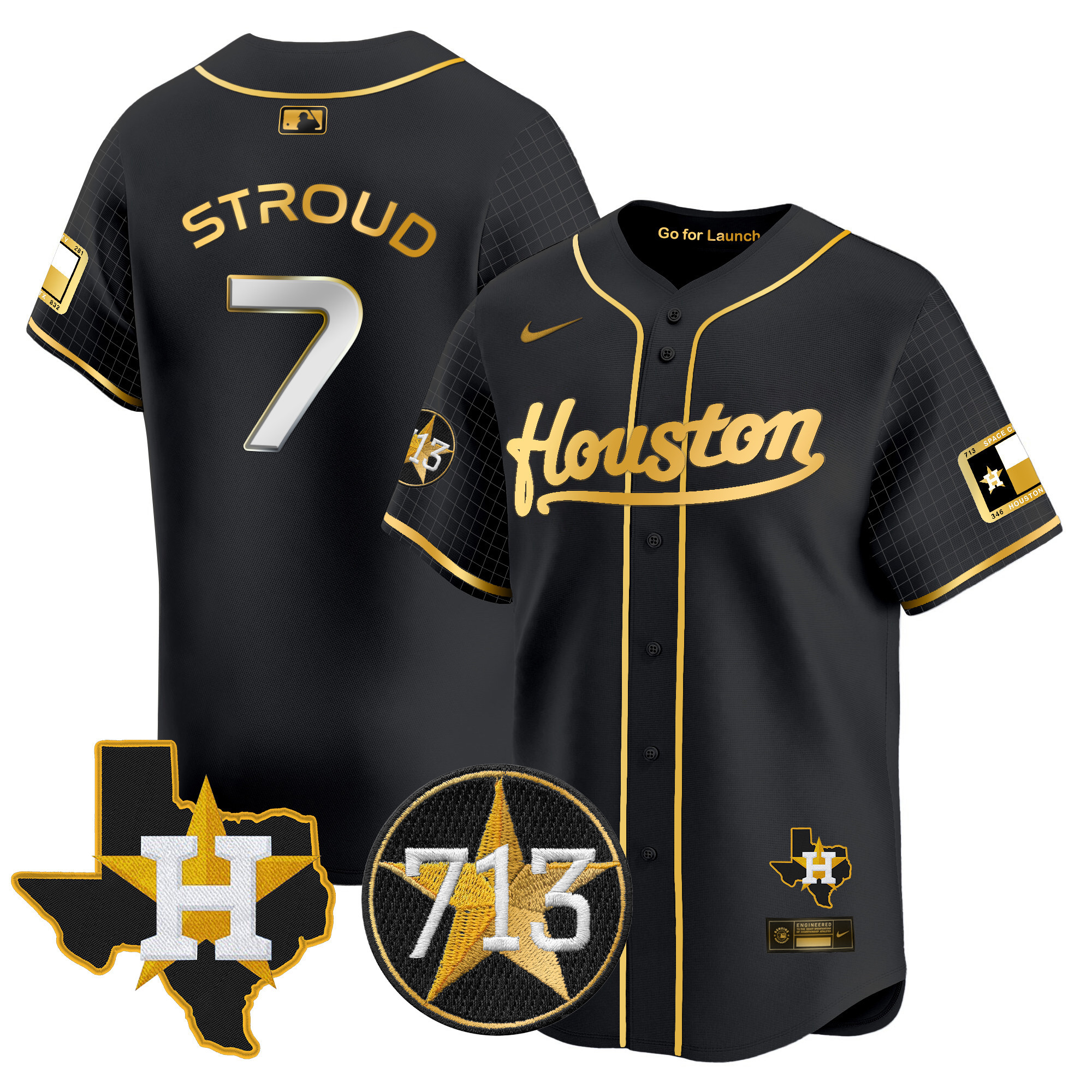 Men's CJ Stroud Houston Astros Space City 713 Patch Vapor Premier Limited Black Gold Jersey - All Stitched