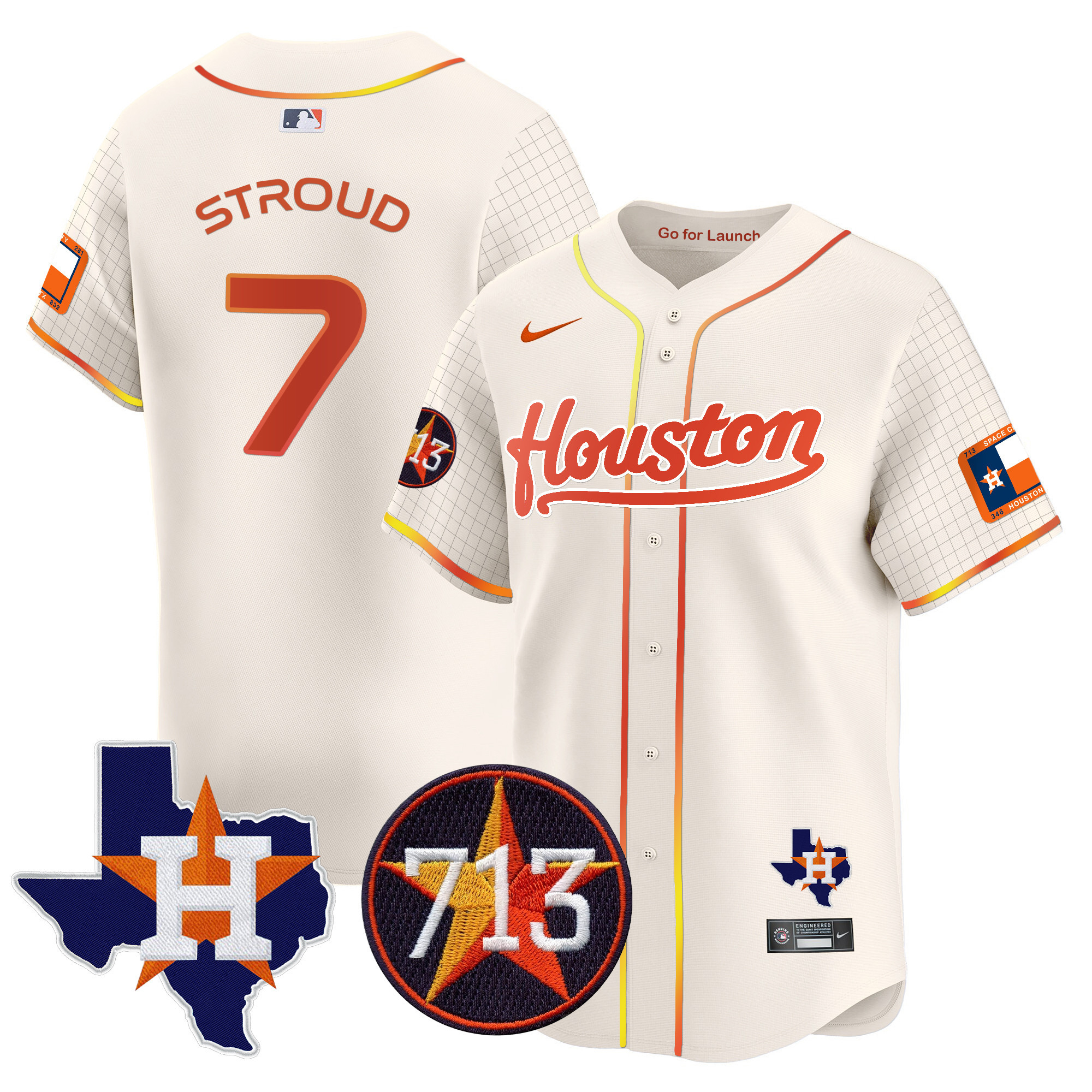 Men's CJ Stroud Houston Astros Space City 713 Patch Vapor Premier Limited Cream Jersey - All Stitched