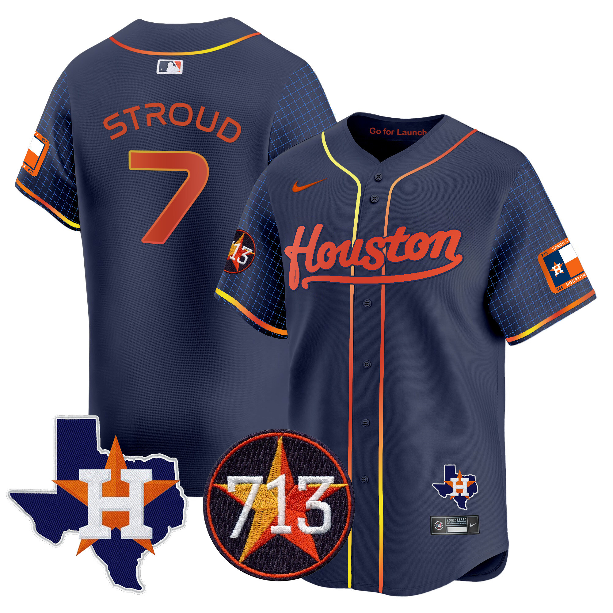 Men's CJ Stroud Houston Astros Space City 713 Patch Vapor Premier Limited Navy Jersey - All Stitched