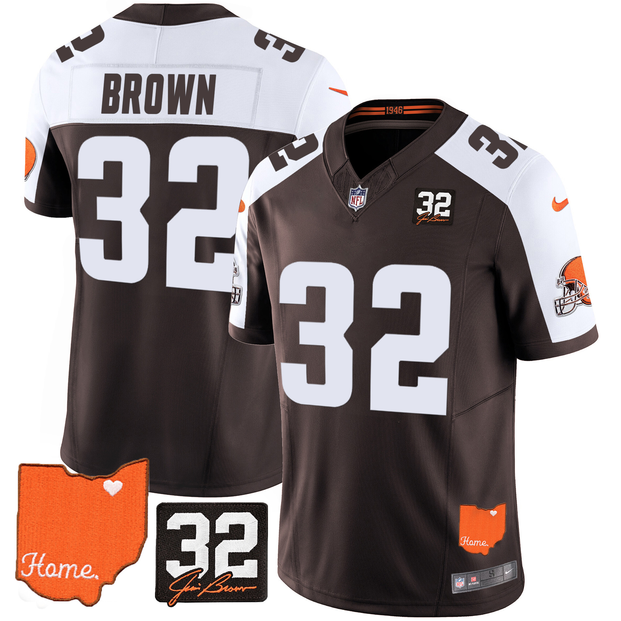 Men's Cleveland Browns #32 Jim Brown Memorial & Home Patch Alternate Jersey - All Stitched