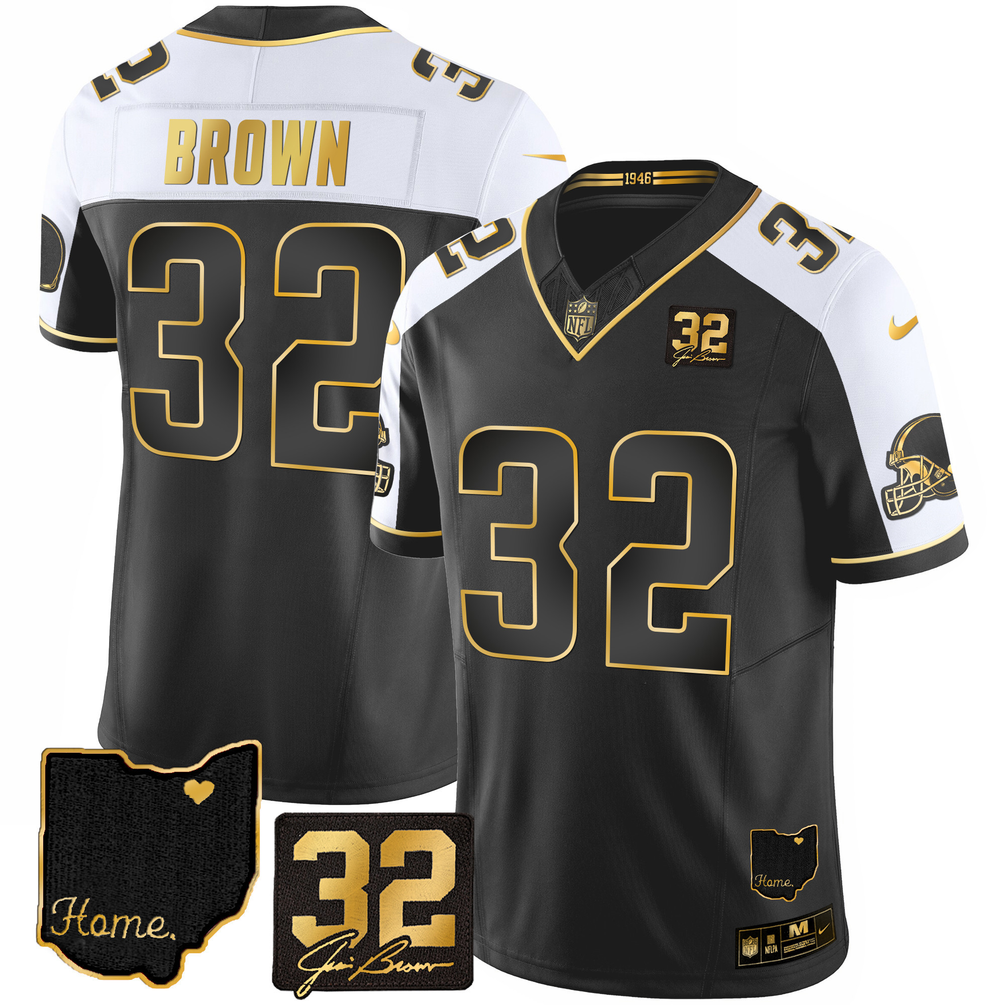 Men's Cleveland Browns #32 Jim Brown Memorial & Home Patch Gold Alternate Jersey - All Stitched
