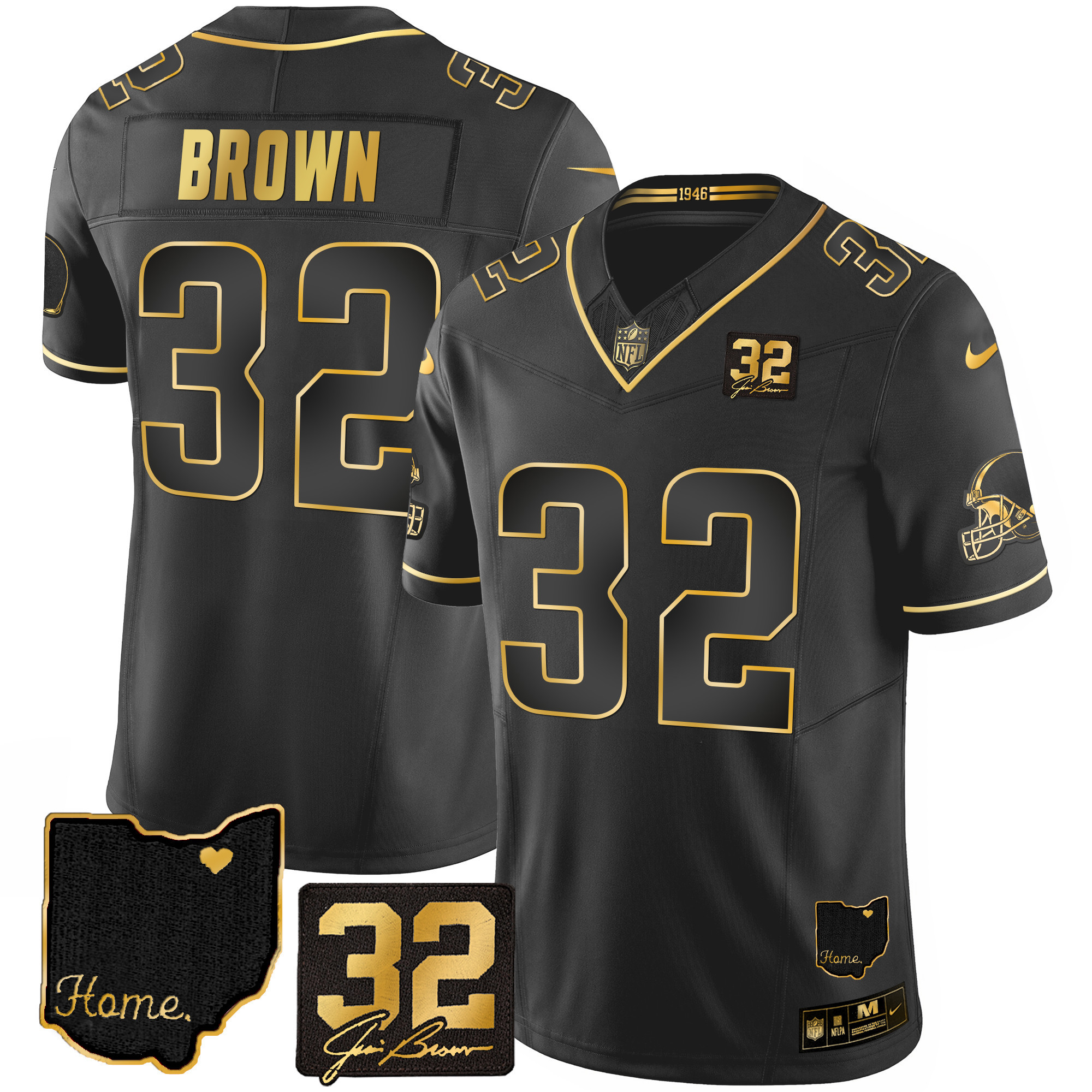 Men's Cleveland Browns #32 Jim Brown Memorial & Home Patch Gold Black Gold Jersey - All Stitched