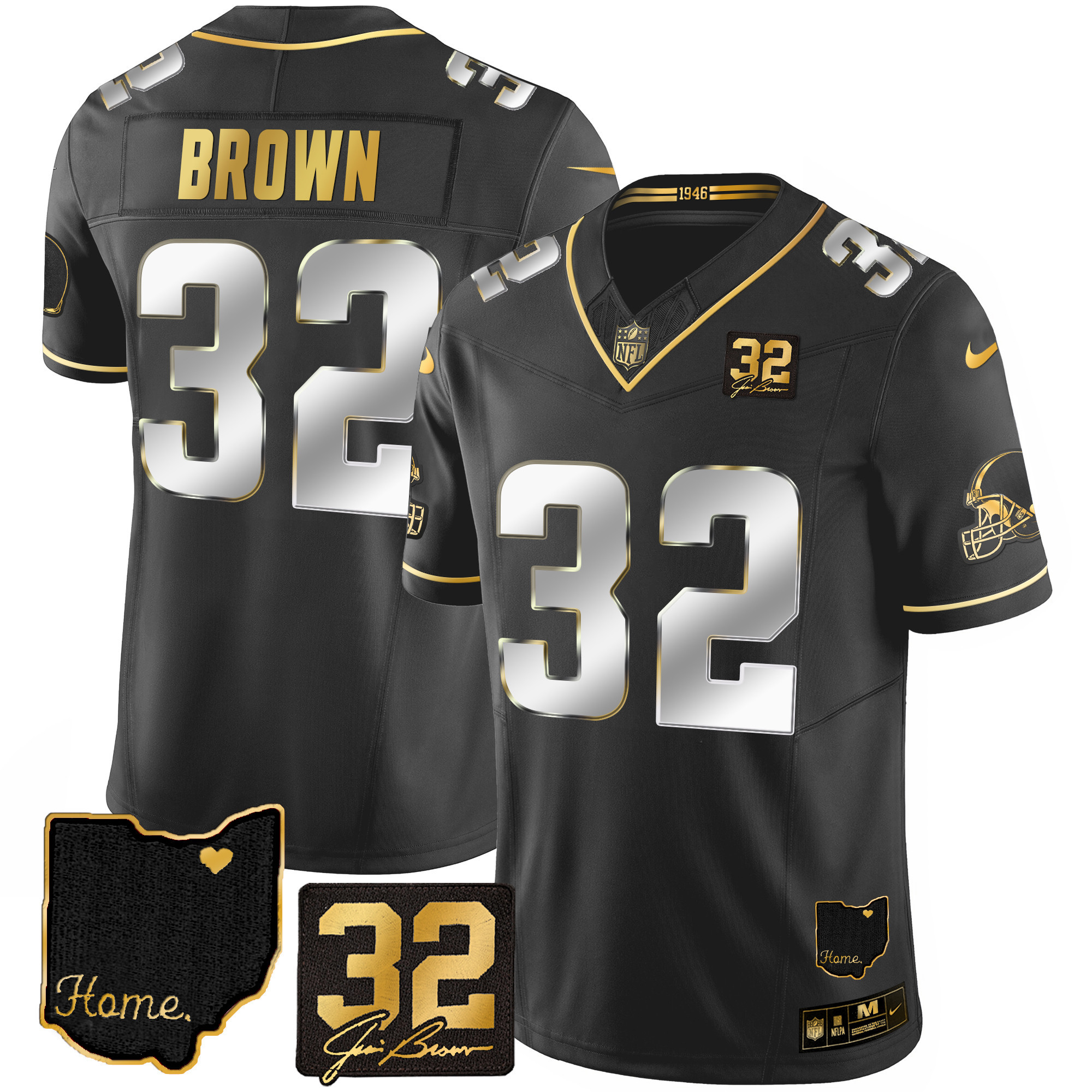 Men's Cleveland Browns #32 Jim Brown Memorial & Home Patch Gold Black Limited Jersey - All Stitched