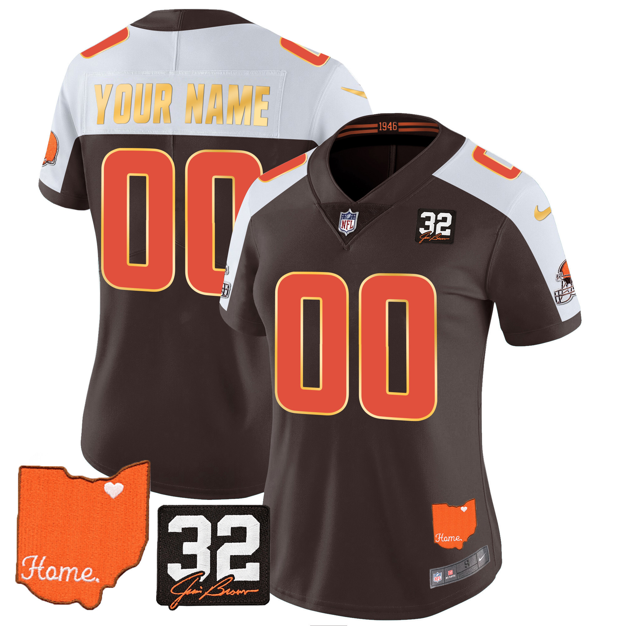Men's Cleveland Browns #32 Jim Brown Memorial & Home Patch Gold Trim Custom Alternate Jersey - All Stitched