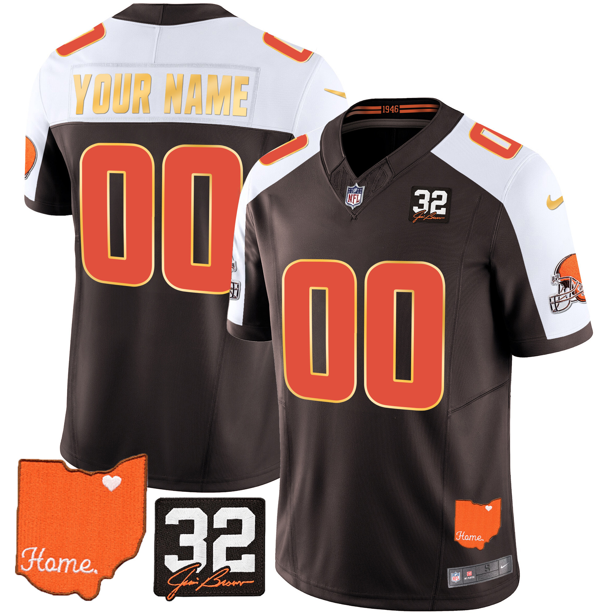 Men's Cleveland Browns #32 Jim Brown Memorial & Home Patch Gold Trim Custom Alternate Jersey - All Stitched