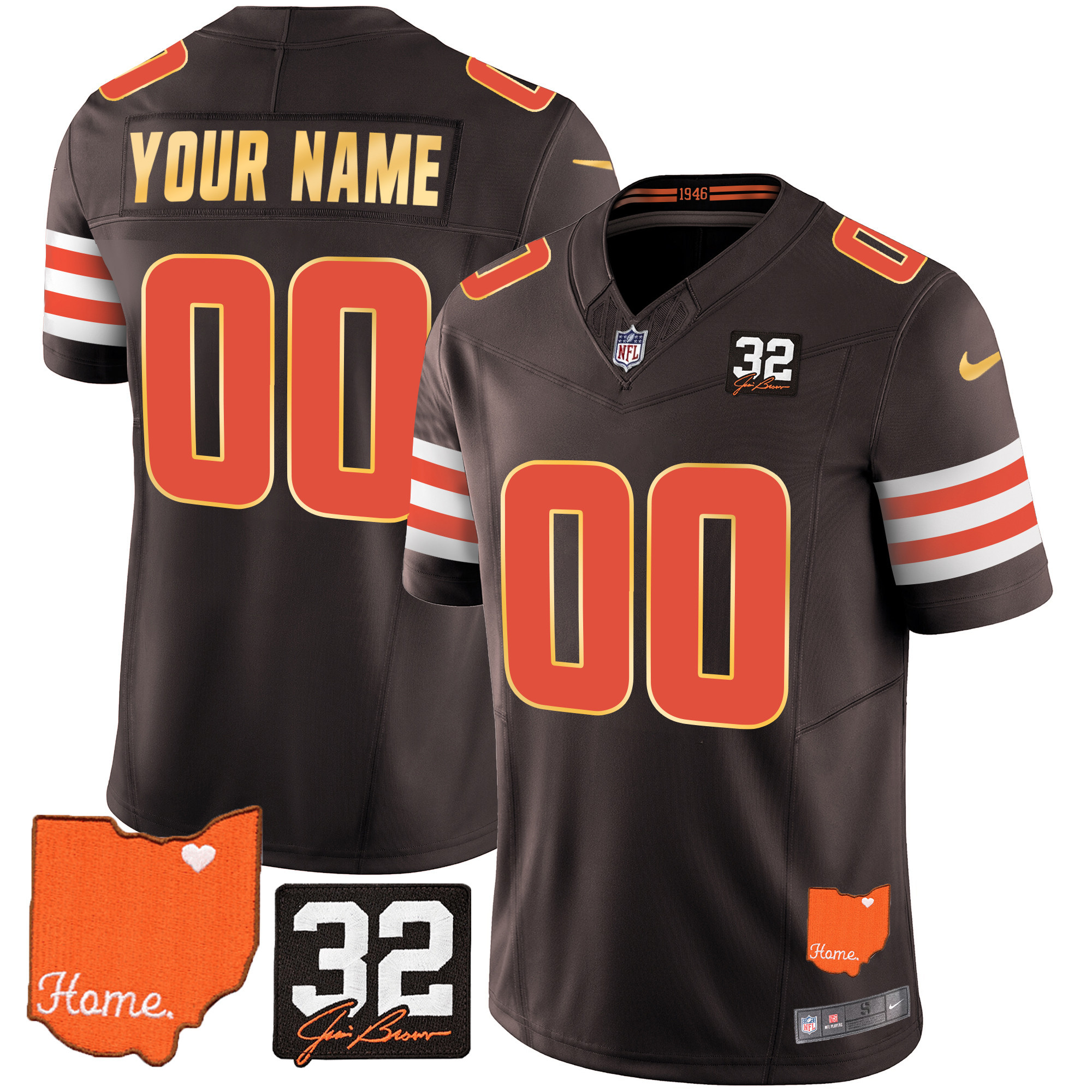 Men's Cleveland Browns #32 Jim Brown Memorial & Home Patch Gold Trim Custom Jersey - All Stitched