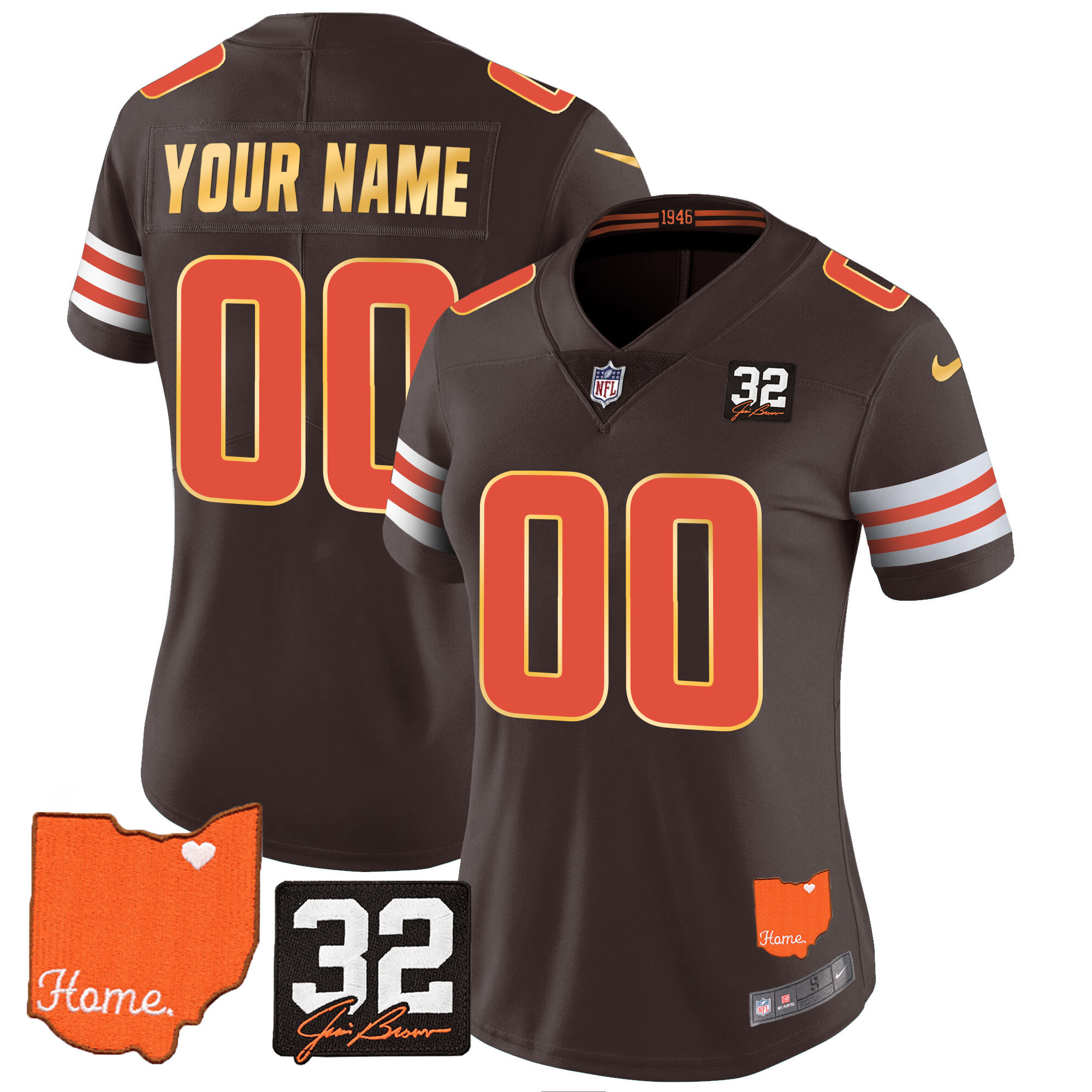 Men's Cleveland Browns #32 Jim Brown Memorial & Home Patch Gold Trim Custom Jersey - All Stitched