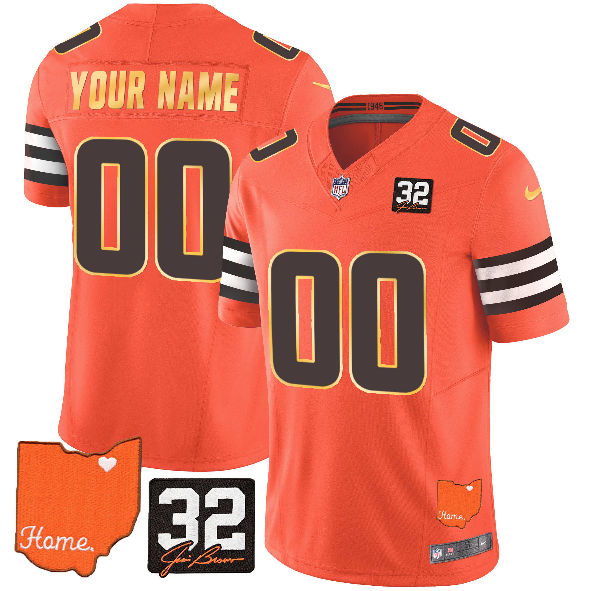 Men's Cleveland Browns #32 Jim Brown Memorial & Home Patch Gold Trim Custom Orange Jersey - All Stitched