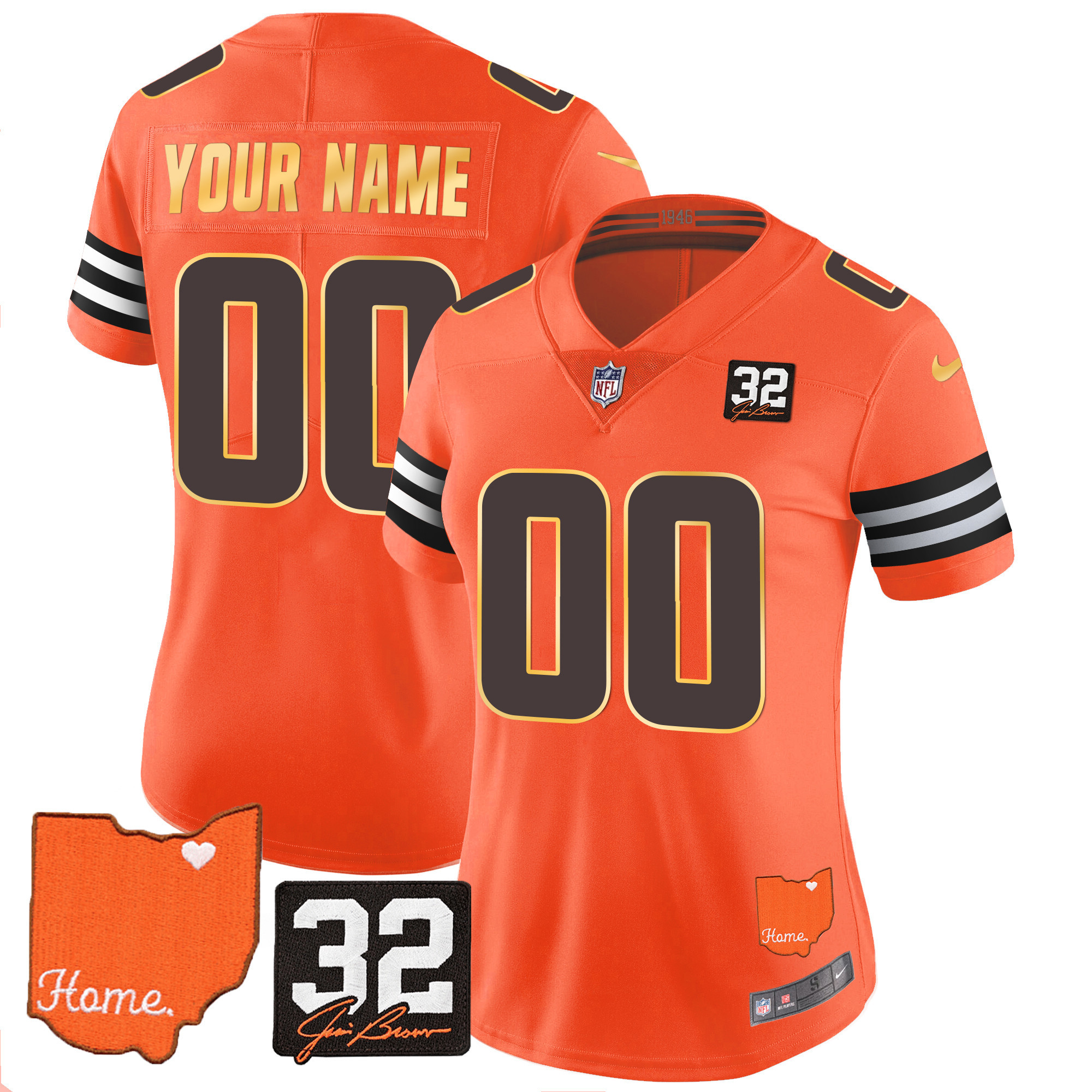 Men's Cleveland Browns #32 Jim Brown Memorial & Home Patch Gold Trim Custom Orange Jersey - All Stitched