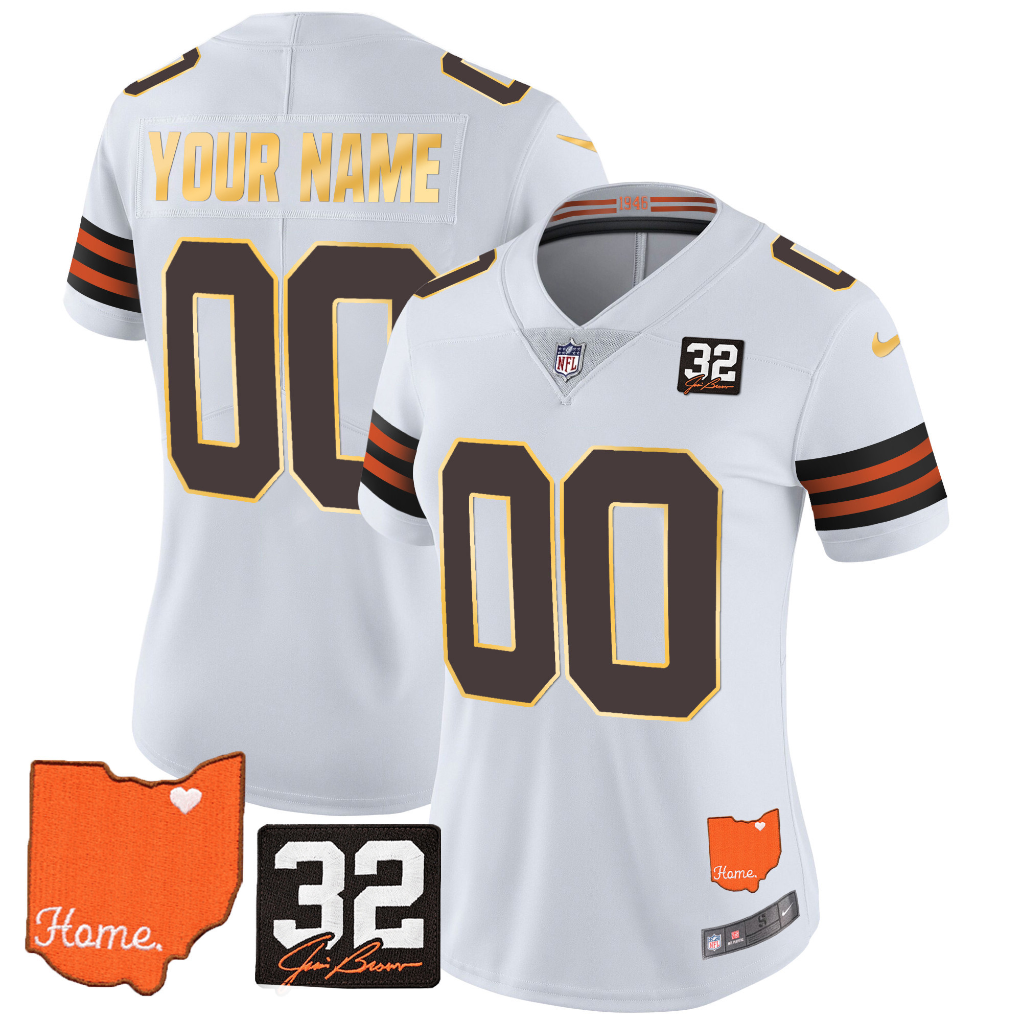 Men's Cleveland Browns #32 Jim Brown Memorial & Home Patch Gold Trim Custom White Jersey - All Stitched