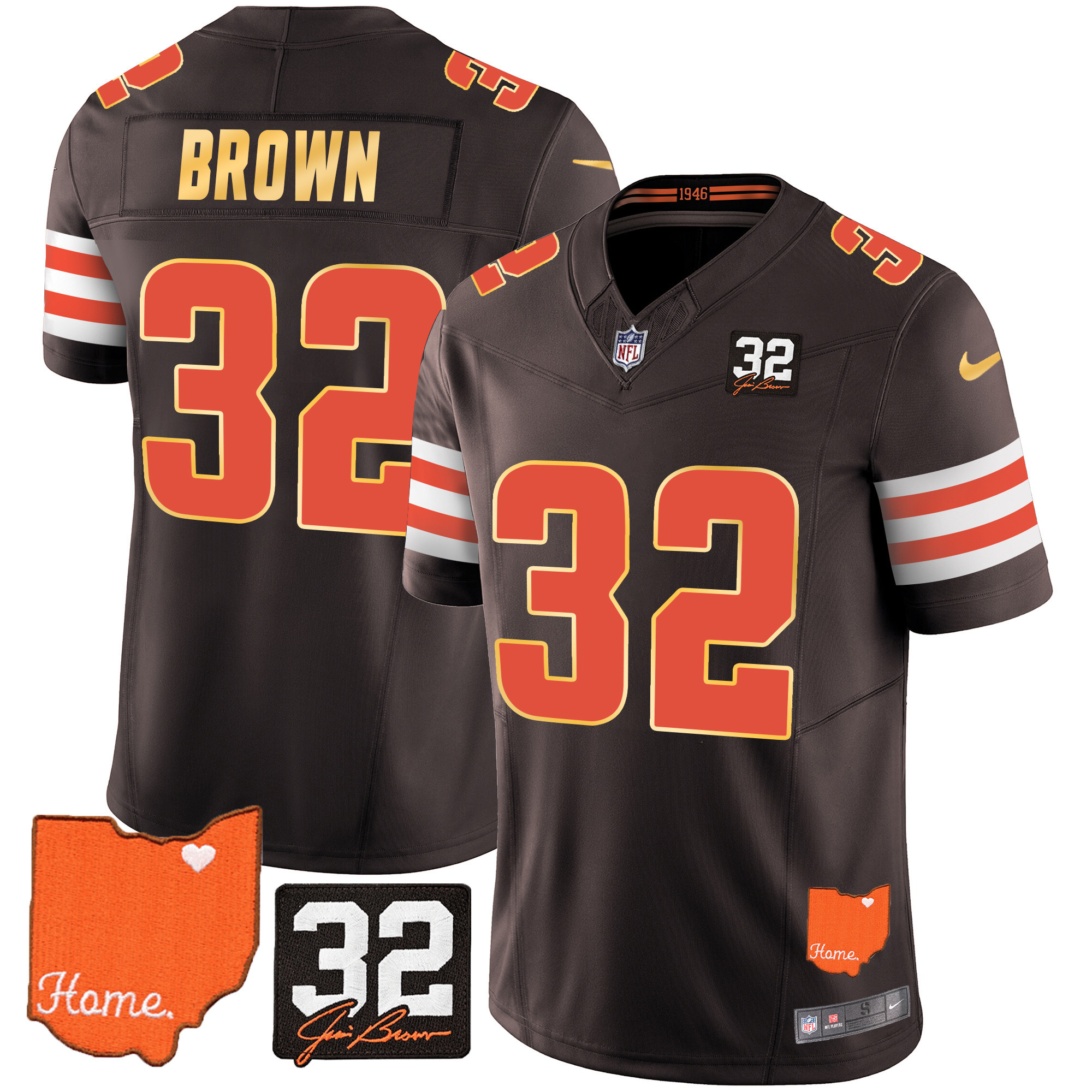 Men's Cleveland Browns #32 Jim Brown Memorial & Home Patch Gold Trim Jersey - All Stitched