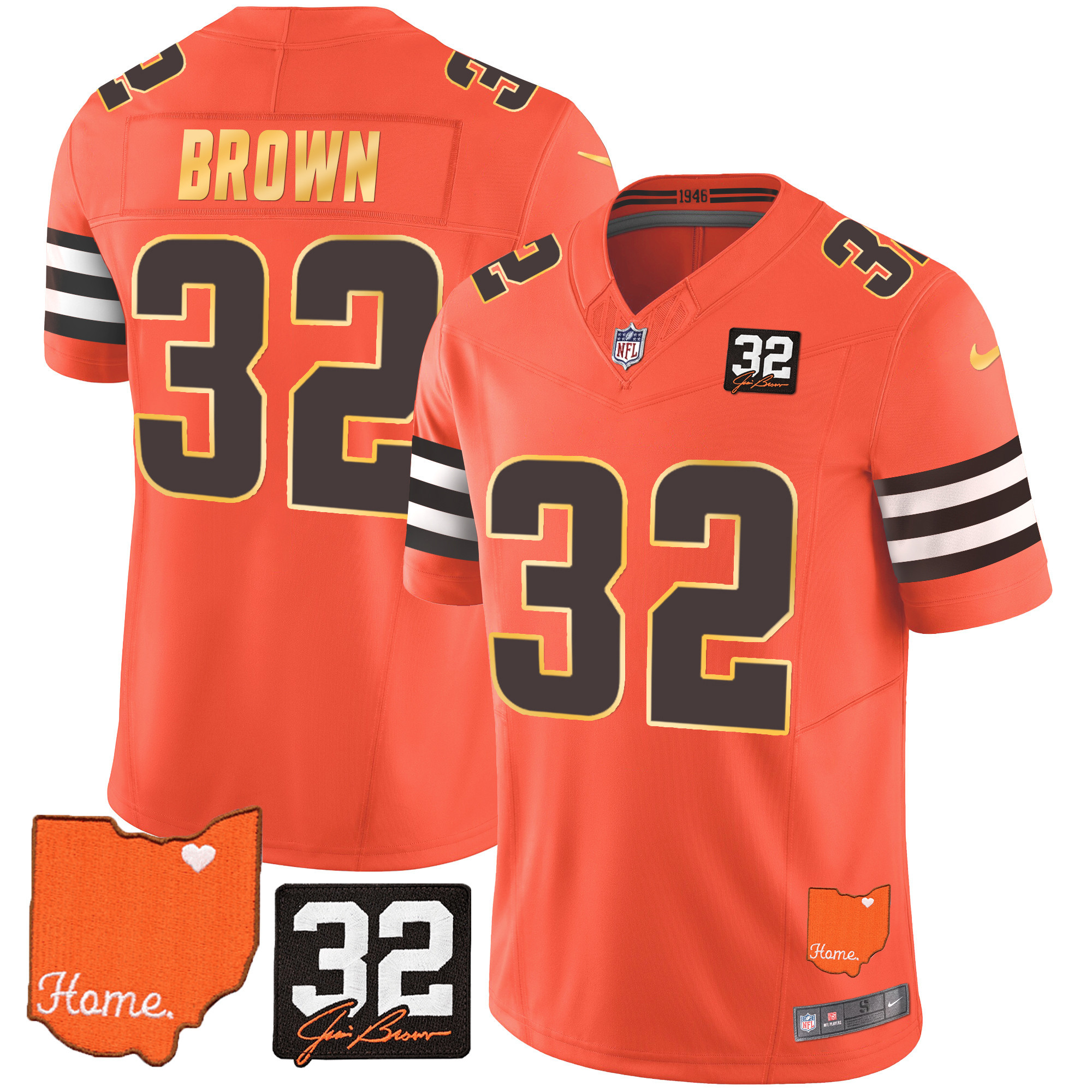 Men's Cleveland Browns #32 Jim Brown Memorial & Home Patch Gold Trim Orange Jersey - All Stitched