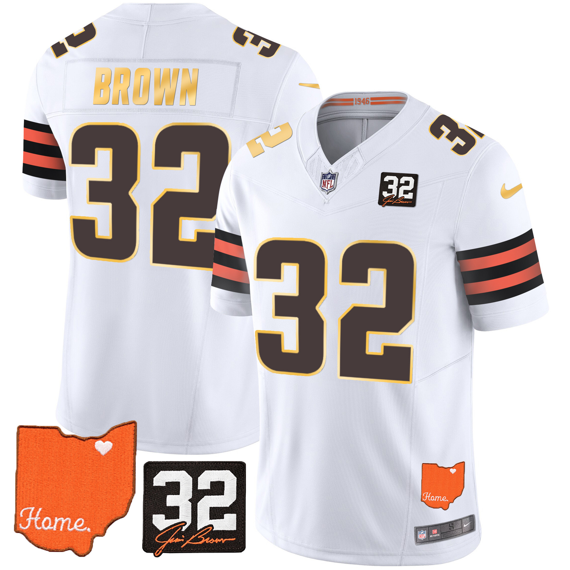 Men's Cleveland Browns #32 Jim Brown Memorial & Home Patch Gold Trim White Jersey - All Stitched