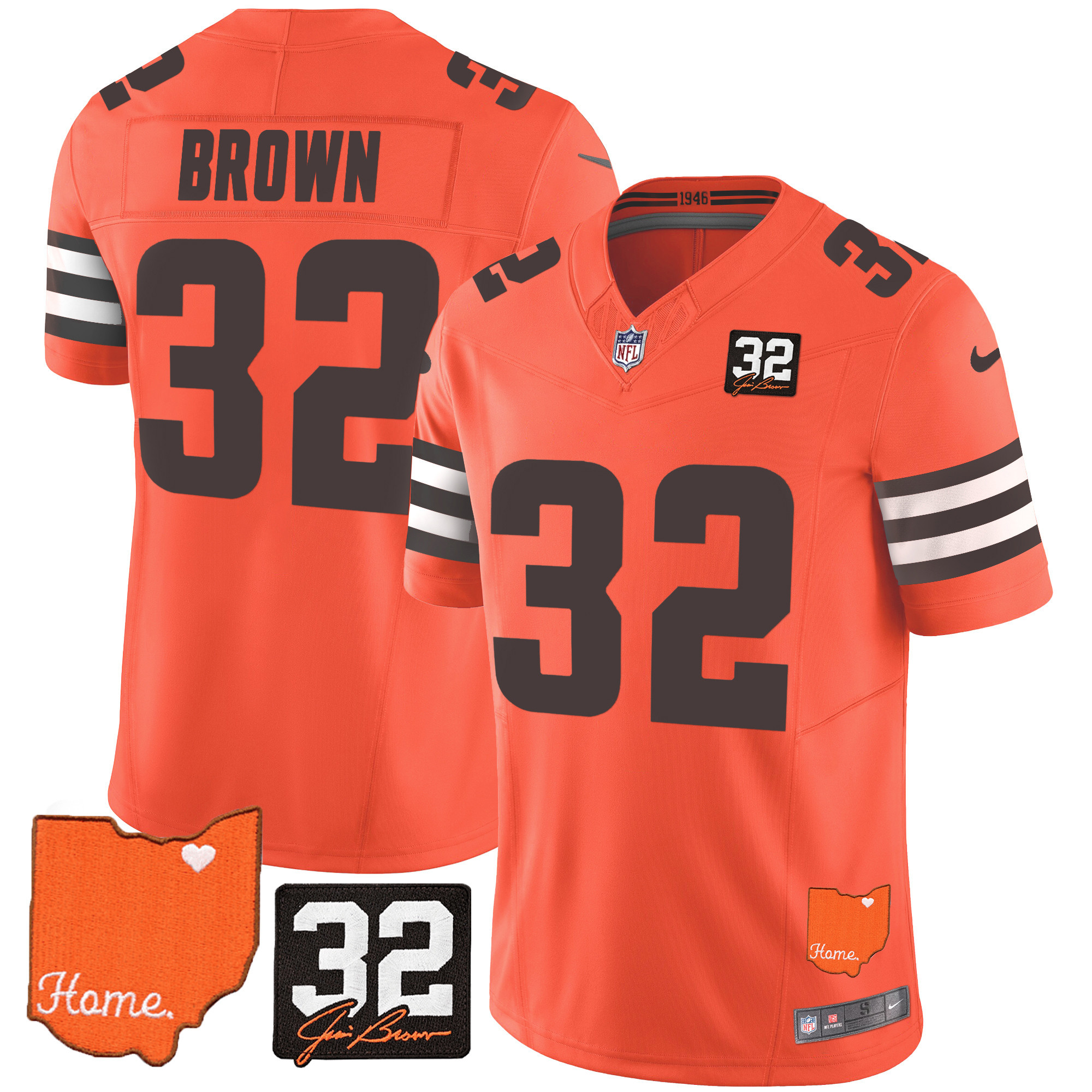 Men's Cleveland Browns #32 Jim Brown Memorial & Home Patch Orange Jersey - All Stitched