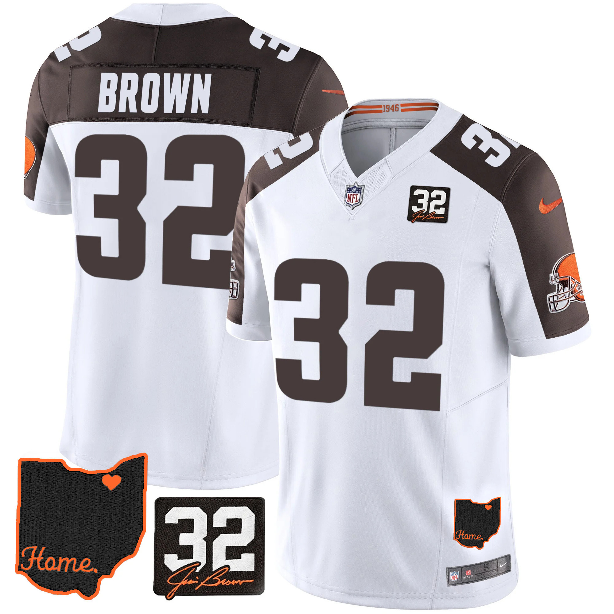 Men's Cleveland Browns #32 Jim Brown Memorial & Home Patch V3 Inverted Jersey - All Stitched