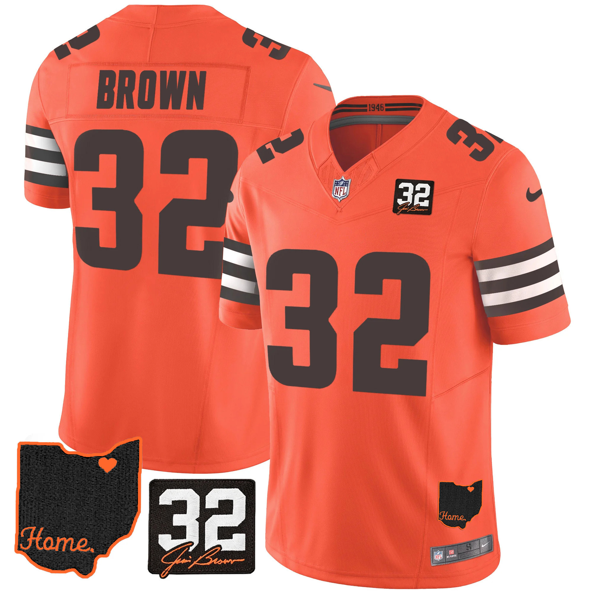 Men's Cleveland Browns #32 Jim Brown Memorial & Home Patch V3 Orange Jersey - All Stitched