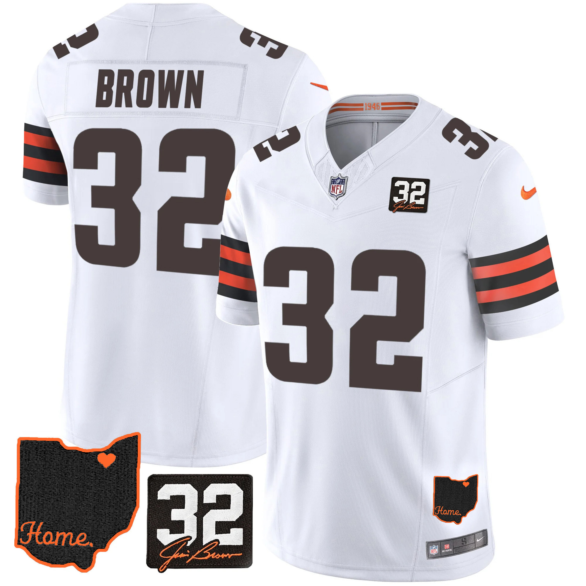 Men's Cleveland Browns #32 Jim Brown Memorial & Home Patch V3 White Jersey - All Stitched