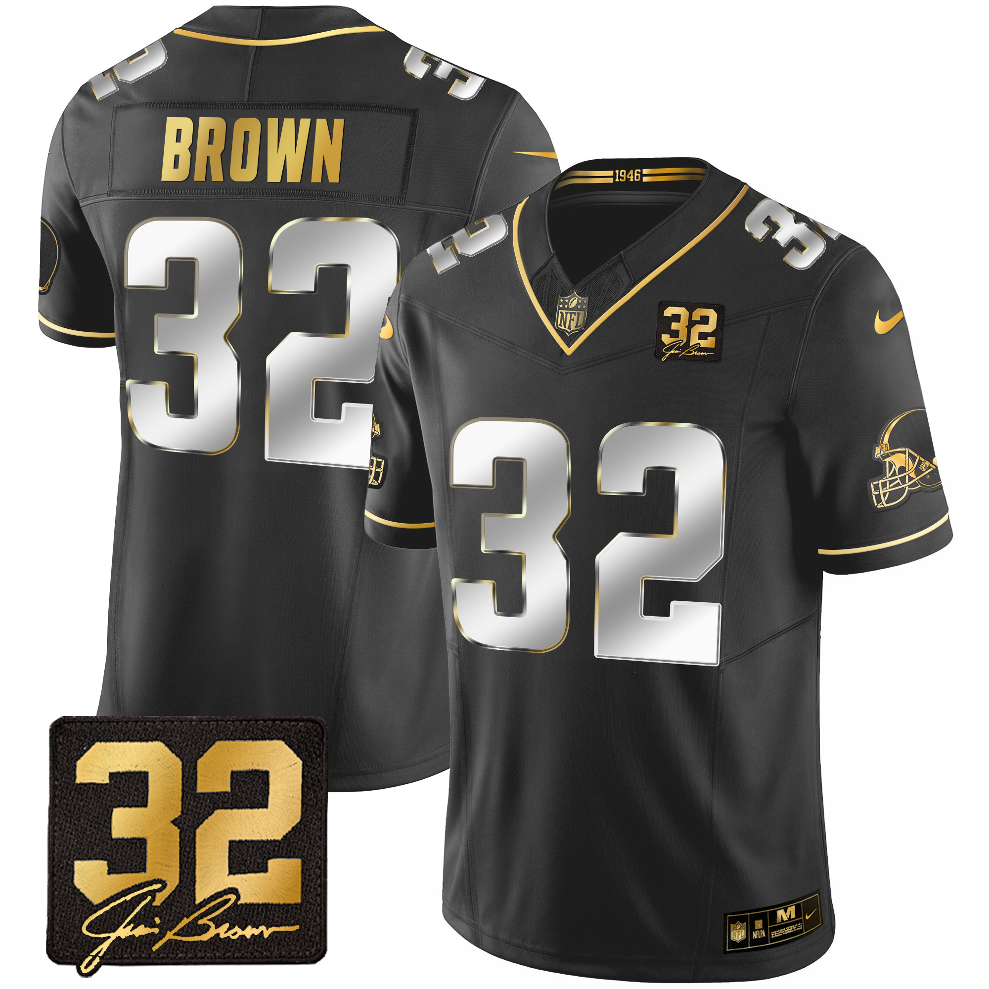 Men's Cleveland Browns #32 Jim Brown Memorial Patch Gold Black Limited Jersey - All Stitched
