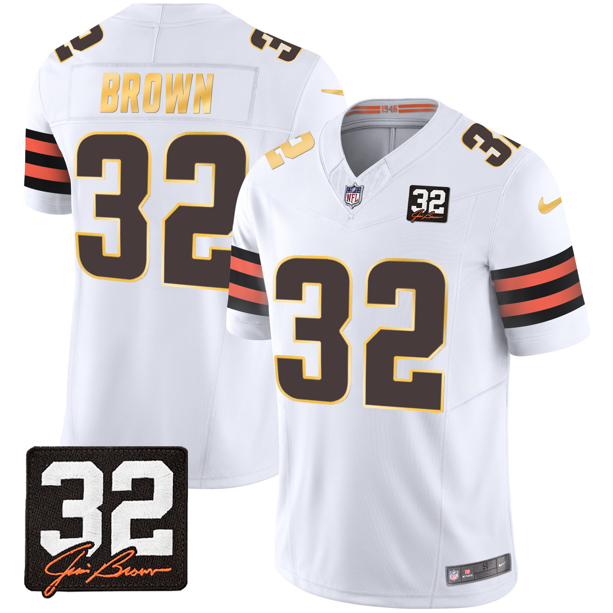 Men's Cleveland Browns #32 Jim Brown Memorial Patch Gold Trim White Jersey - All Stitched