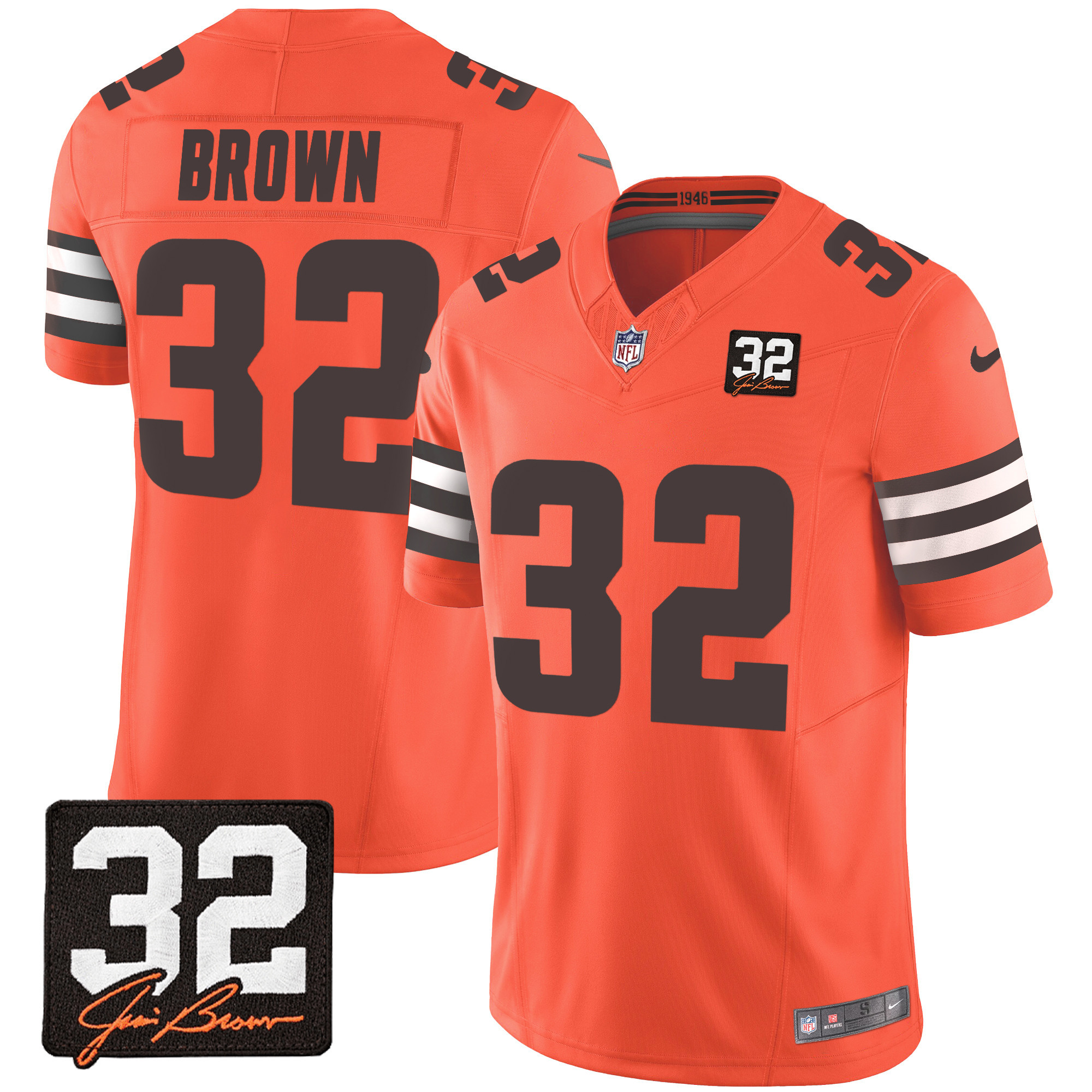 Men's Cleveland Browns #32 Jim Brown Memorial Patch Orange Jersey - All Stitched