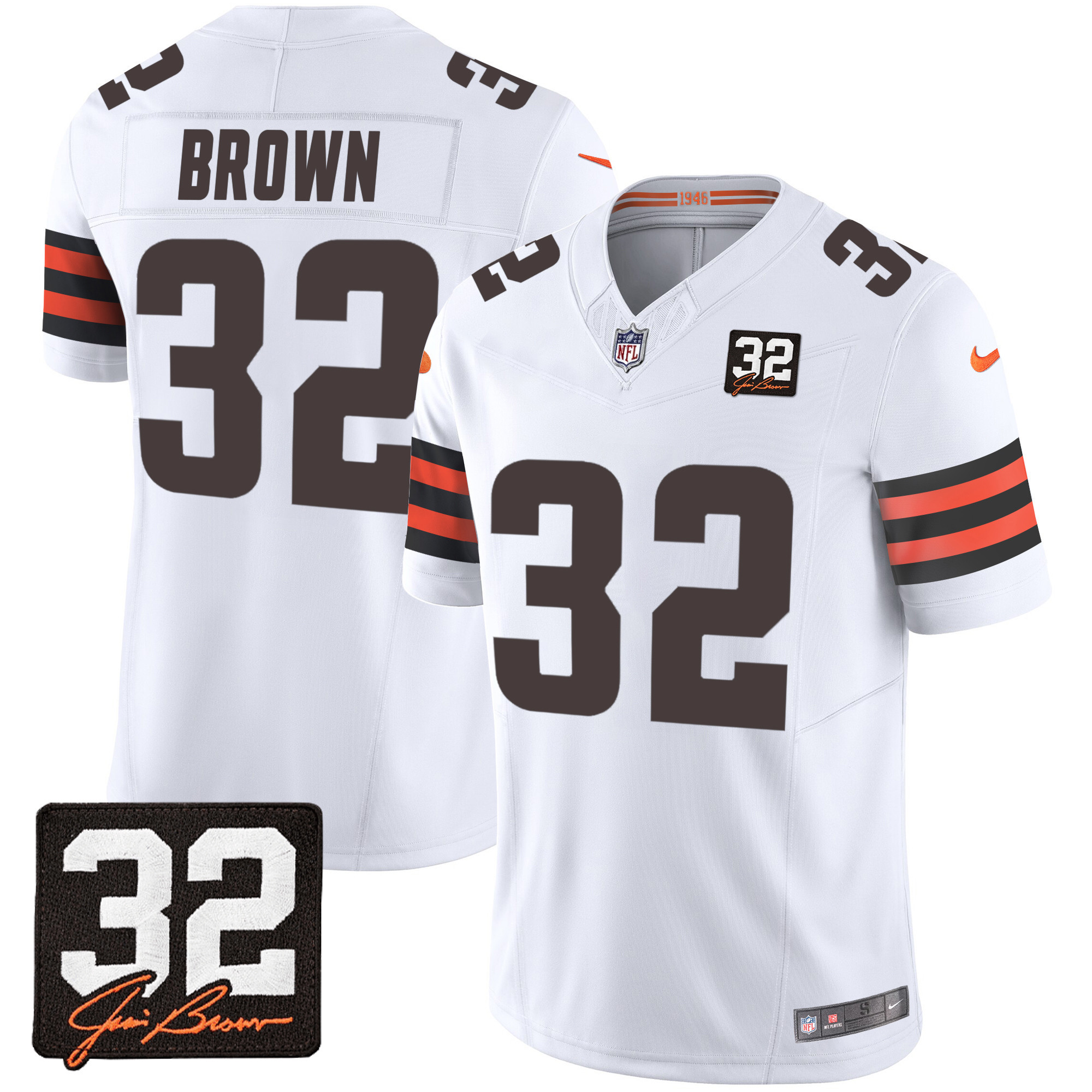 Men's Cleveland Browns #32 Jim Brown Memorial Patch White Jersey - All Stitched