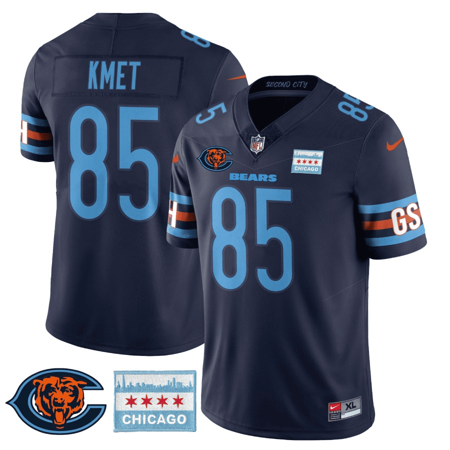 Men's Cole Kmet Chicago Bears City Edition GSH Navy Jersey - Chicago Flag - All Stitched
