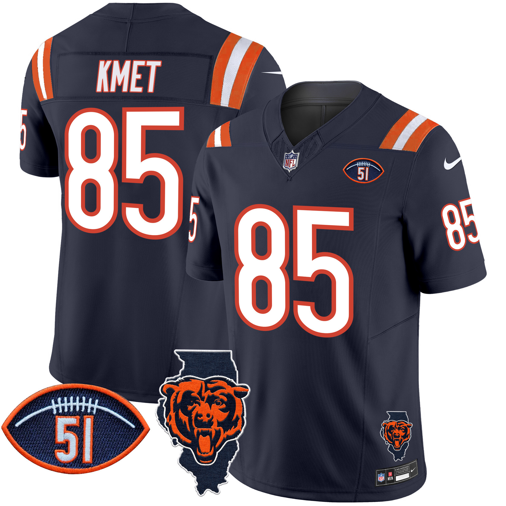 Men's Cole Kmet Chicago Bears Illinois Patch Vapor Limited Navy Jersey - All Stitched