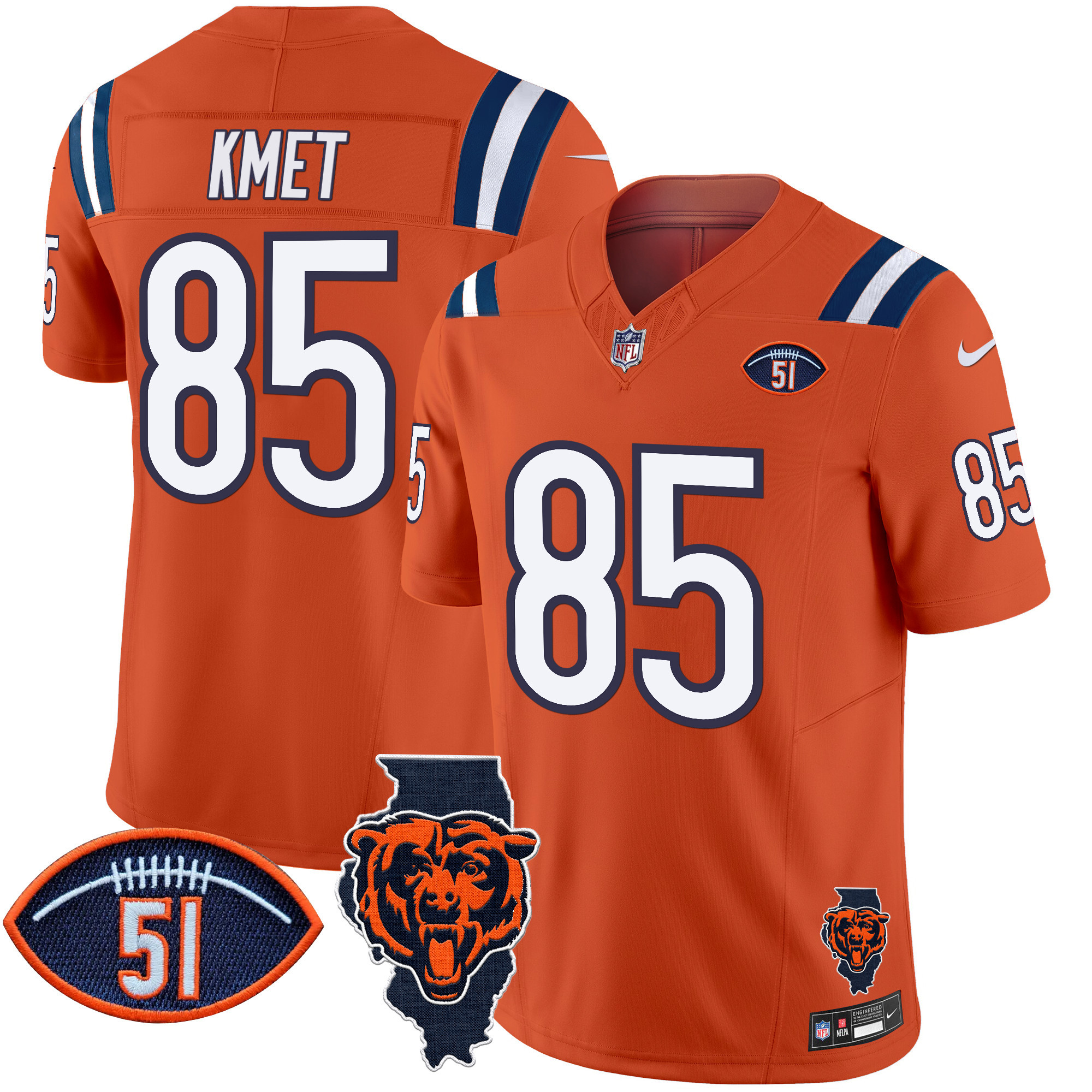 Men's Cole Kmet Chicago Bears Illinois Patch Vapor Limited Orange Jersey - All Stitched