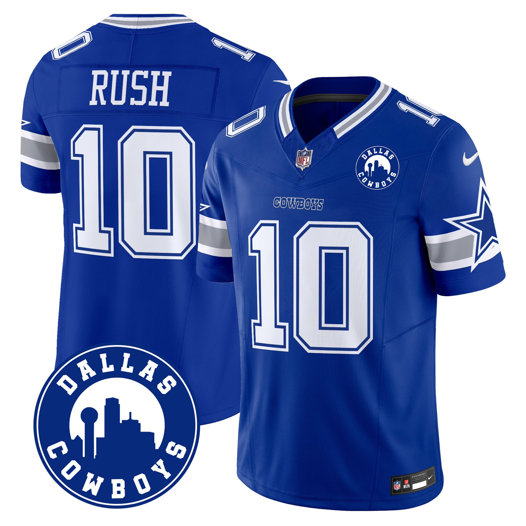 Men's Cooper Rush Dallas Cowboys "Dallas City" Patch Vapor Limited Royal Jersey - All Stitched