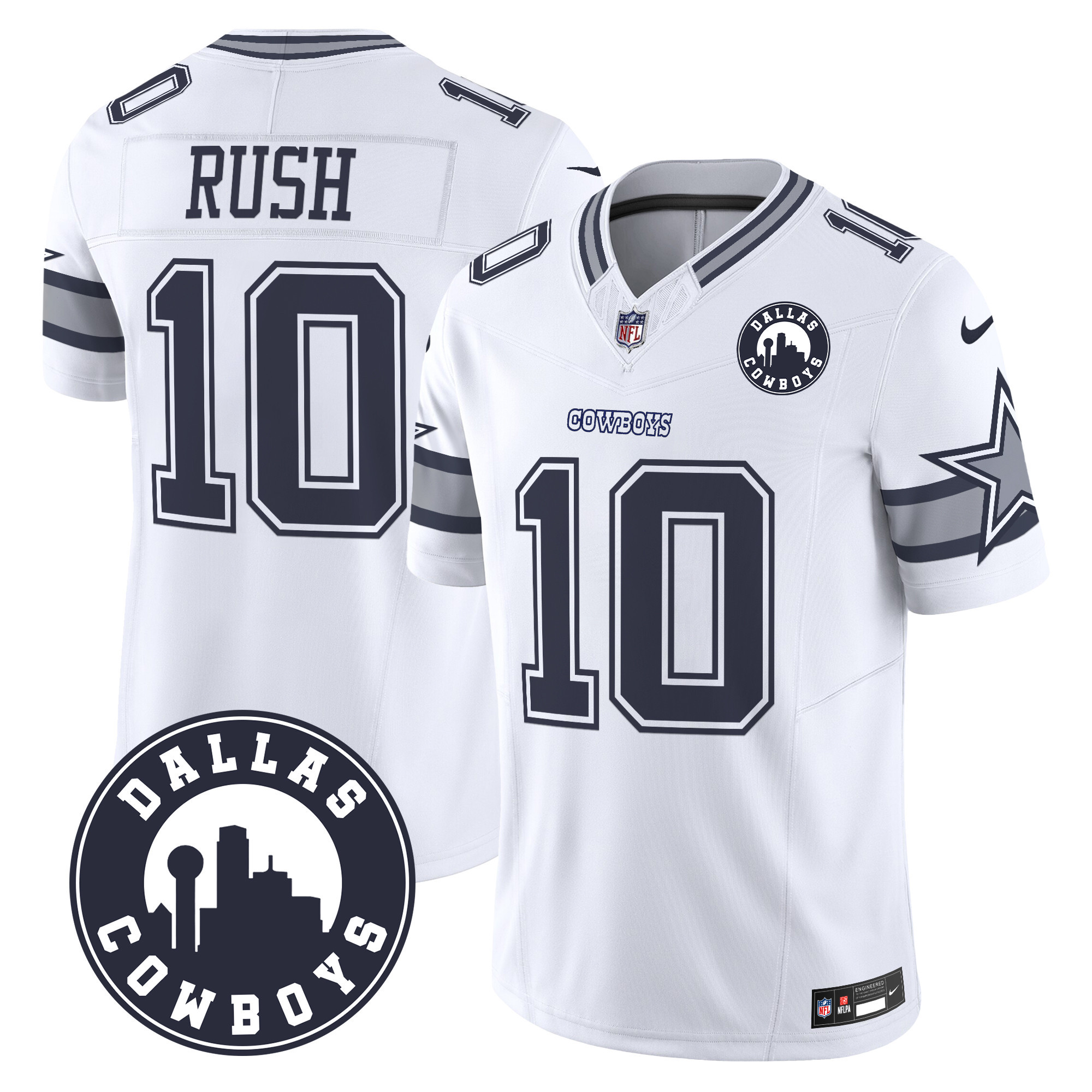 Men's Cooper Rush Dallas Cowboys "Dallas City" Patch Vapor Limited White Jersey - All Stitched