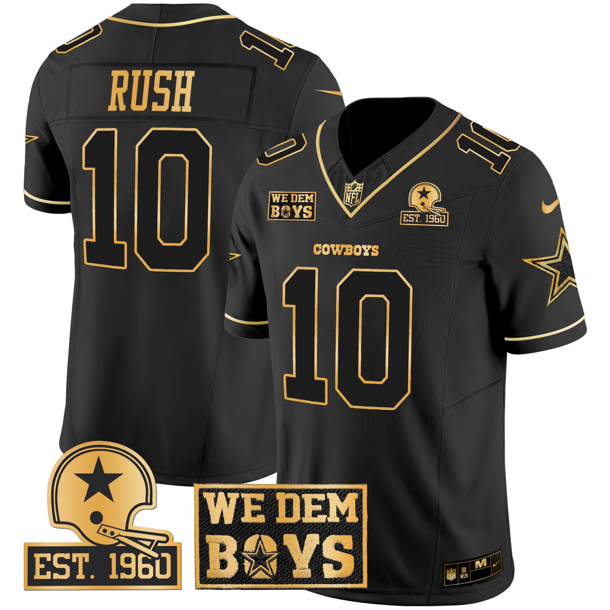 Men's Cooper Rush Dallas Cowboys Est. 1960 & We Dem Boyz Patch Gold Vapor Limited Black Gold Jersey - All Stitched