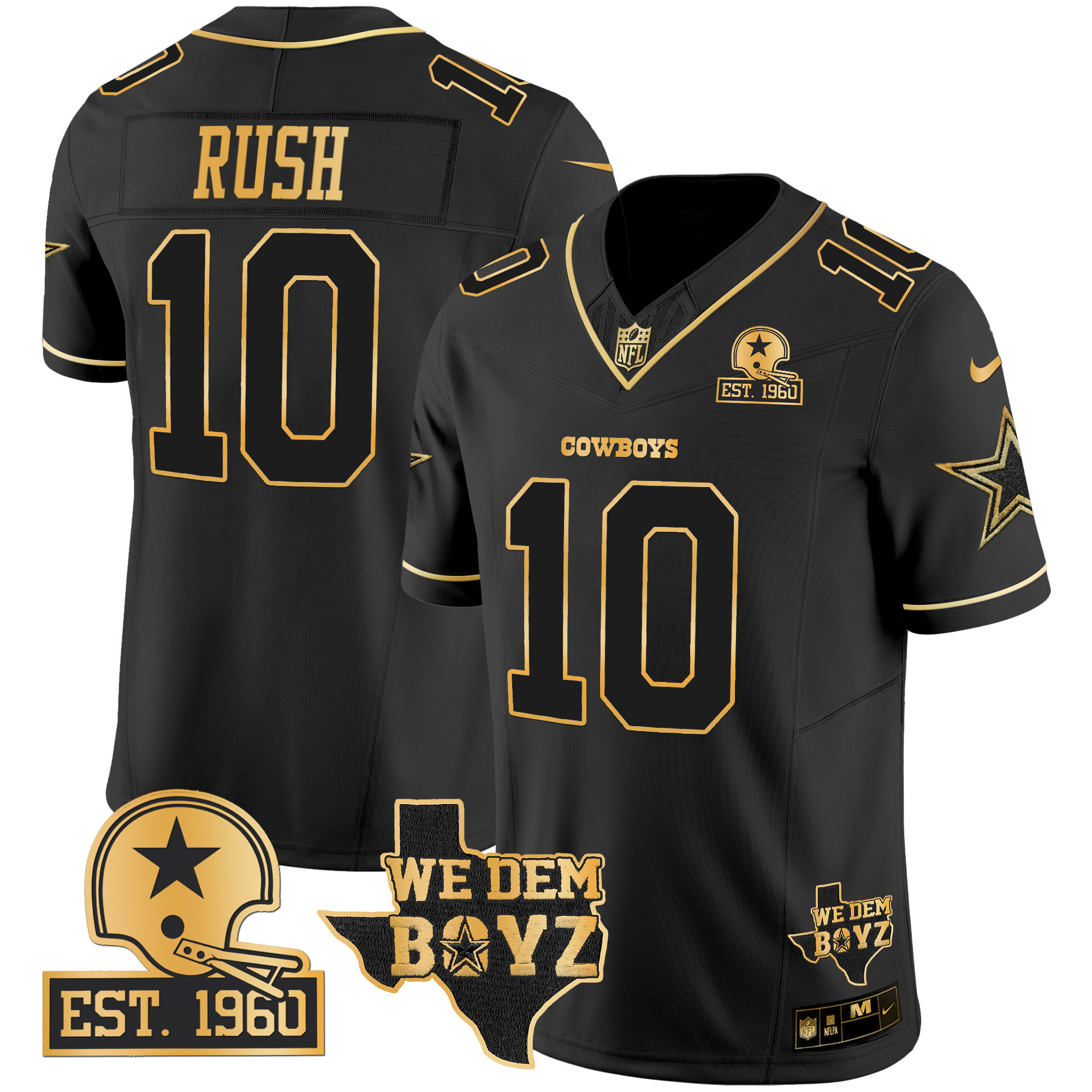 Men's Cooper Rush Dallas Cowboys Est. 1960 & We Dem Boyz Patch Gold Vapor Limited Black Gold Jersey V2 - All Stitched