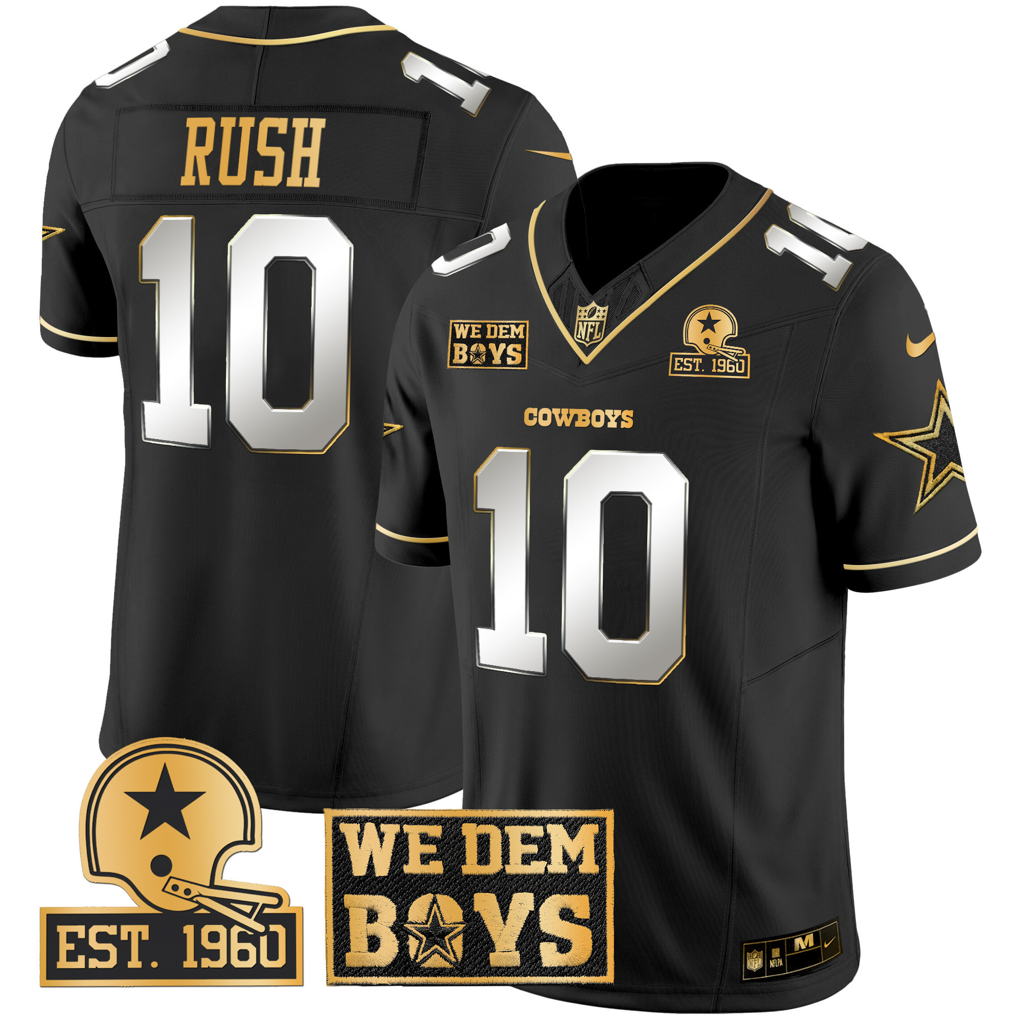Men's Cooper Rush Dallas Cowboys Est. 1960 & We Dem Boyz Patch Gold Vapor Limited Black Limited Jersey - All Stitched