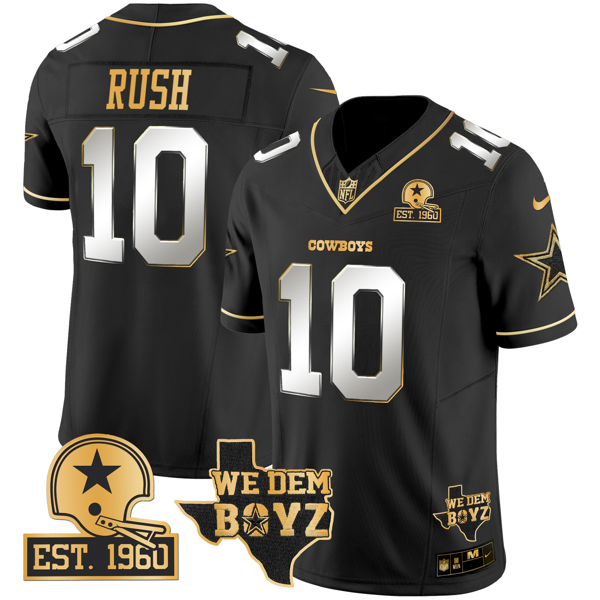Men's Cooper Rush Dallas Cowboys Est. 1960 & We Dem Boyz Patch Gold Vapor Limited Black Limited Jersey V2 - All Stitched