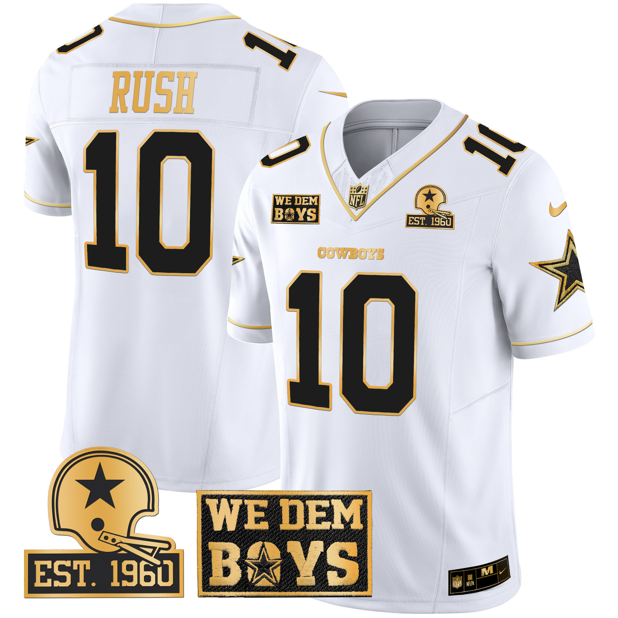 Men's Cooper Rush Dallas Cowboys Est. 1960 & We Dem Boyz Patch Gold Vapor Limited White Gold Jersey - All Stitched